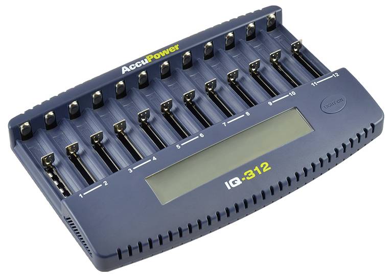 Batterieladegerät mit 12 Steckplätzen und digitalem Display; Marke 'AccuPower', Modell 'IQ-312'.