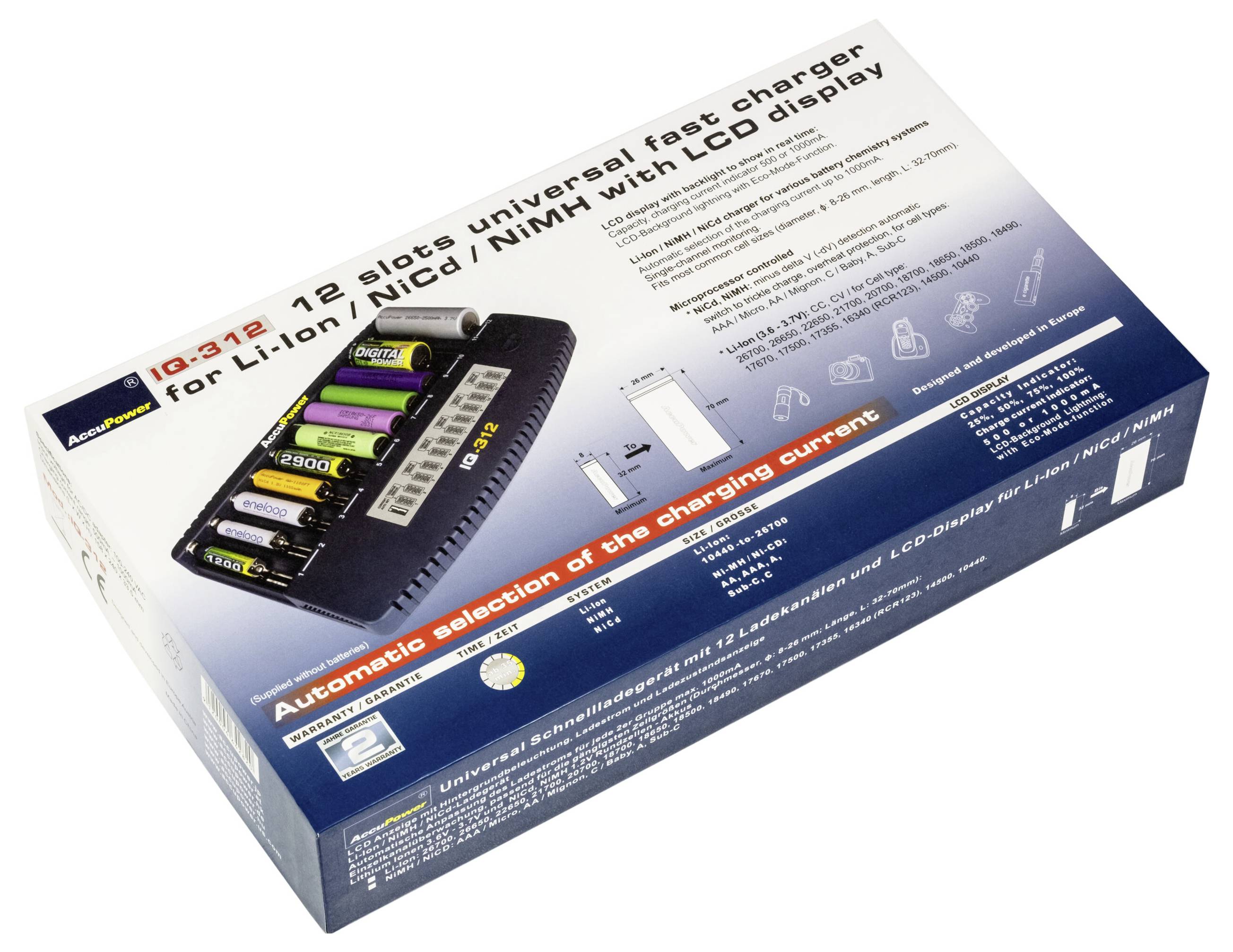 Eine Verpackung eines Schnellladegeräts mit LCD-Display für 12 Akkus verschiedener Typen, abgebildet mit Beispielakkus im Gerät.