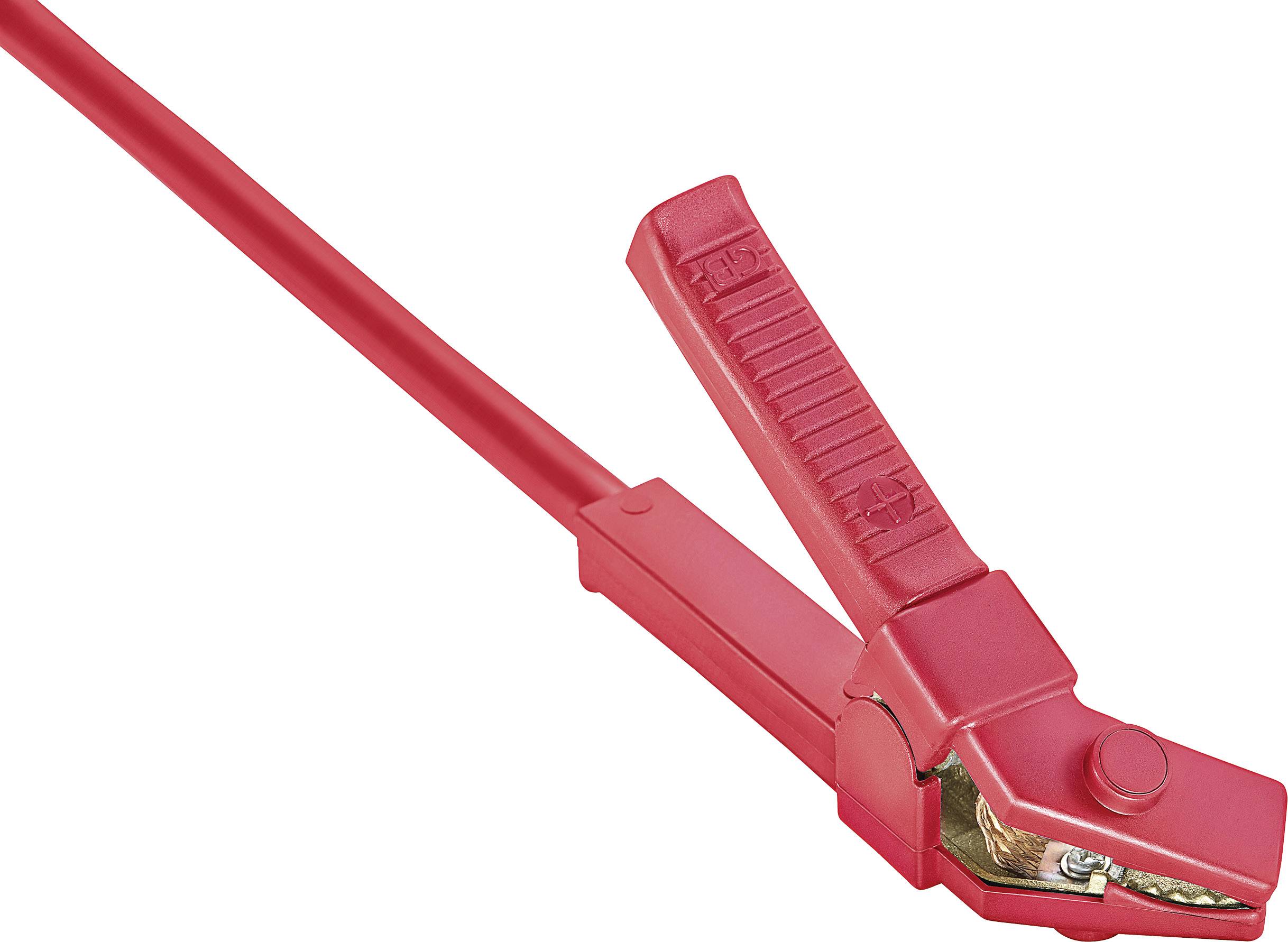 Ein rotes Starthilfekabel mit einer Klemme, vermutlich für die Polung einer Autobatterie.