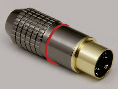 Ein goldener Audiostecker mit schwarzem Kunststoffgriff und rotem Ring, typischerweise verwendet für professionelle Audioverbindungen.