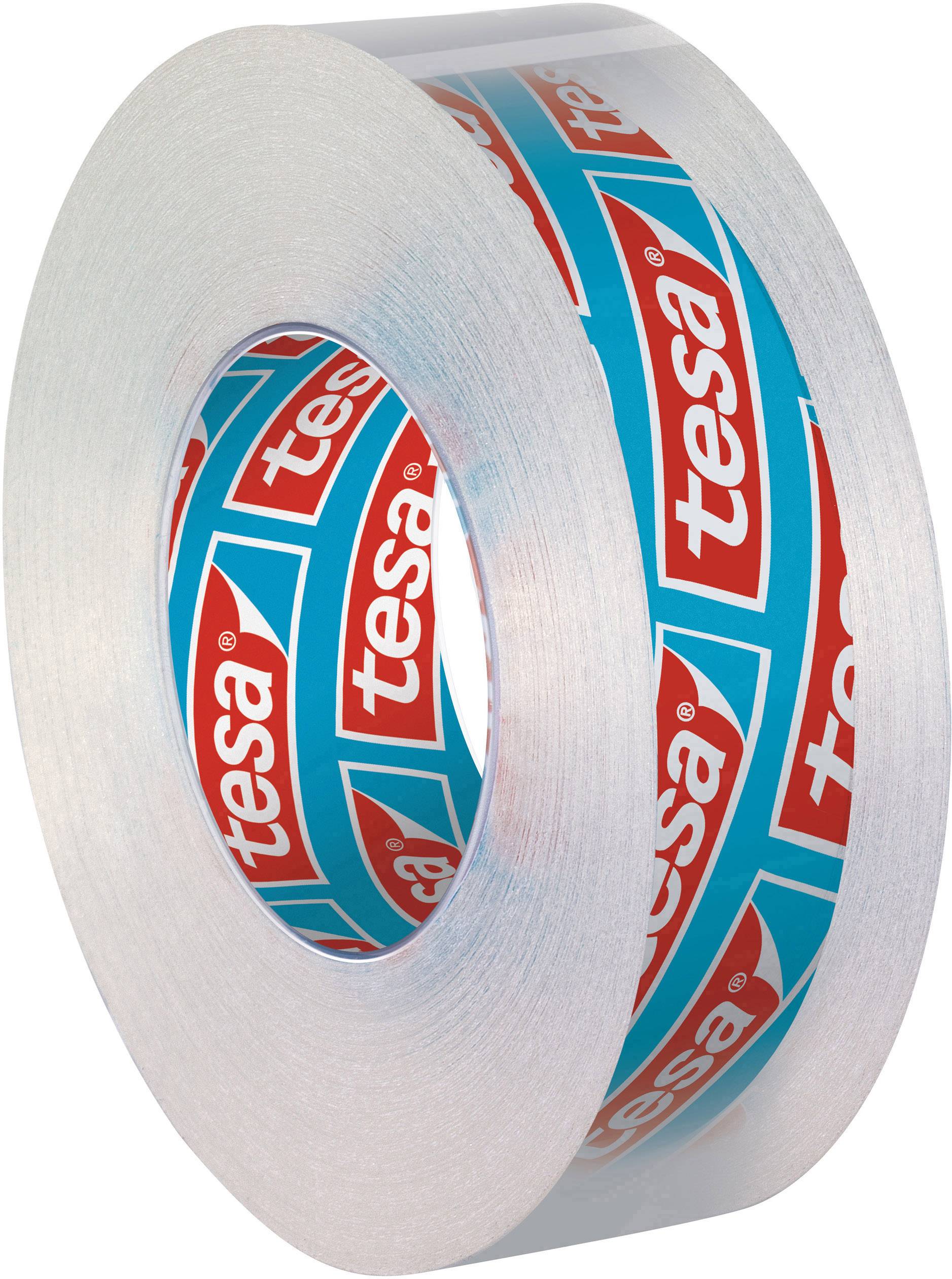 Eine durchsichtige Klebebandrolle mit rotem 'tesa'-Logo auf blauem Hintergrund.