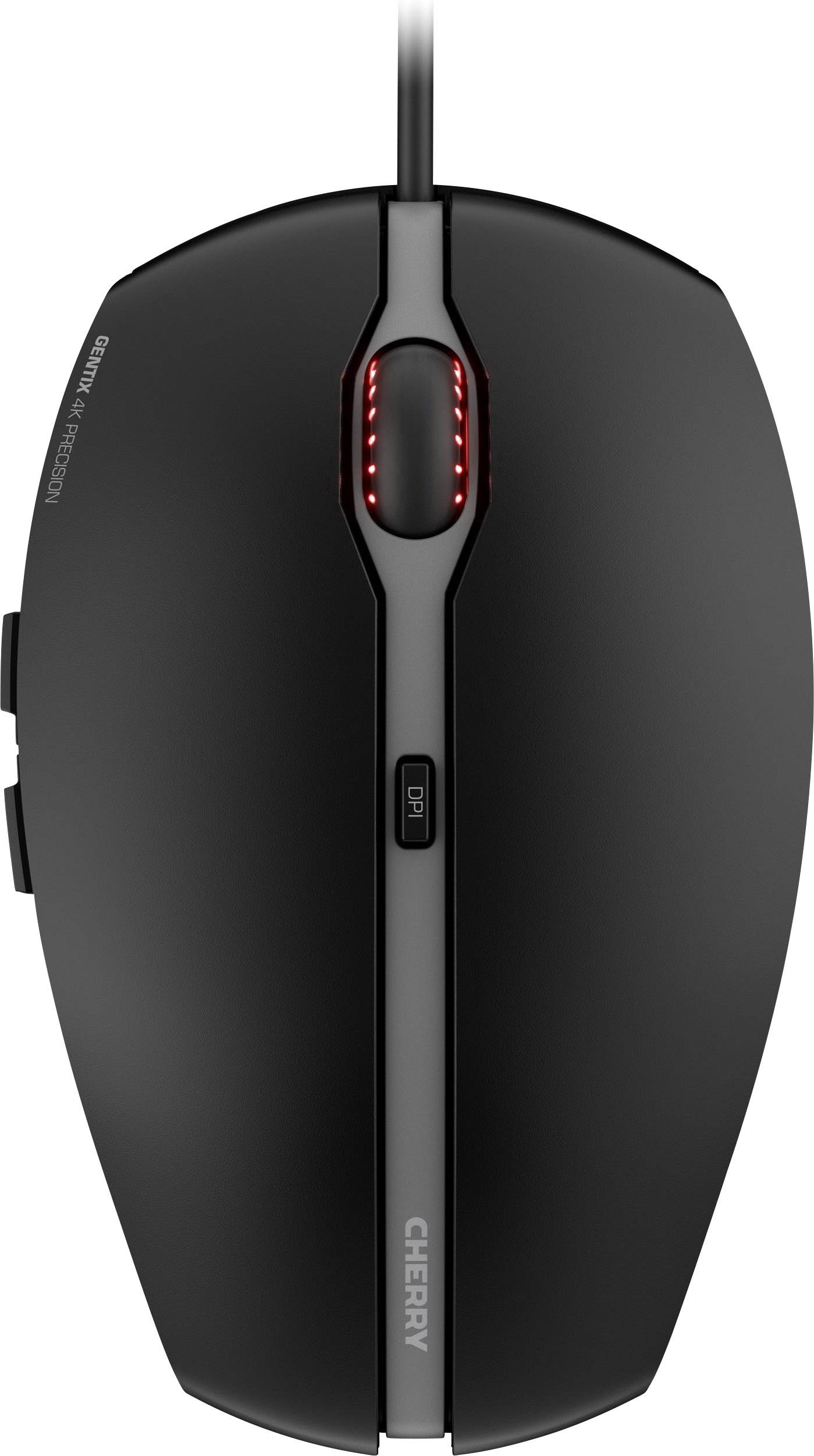 Eine schwarze Computermaus in der Draufsicht mit Kabelanschluss oben. Die Maus hat einen roten LED-Streifen und eine DPI-Taste.