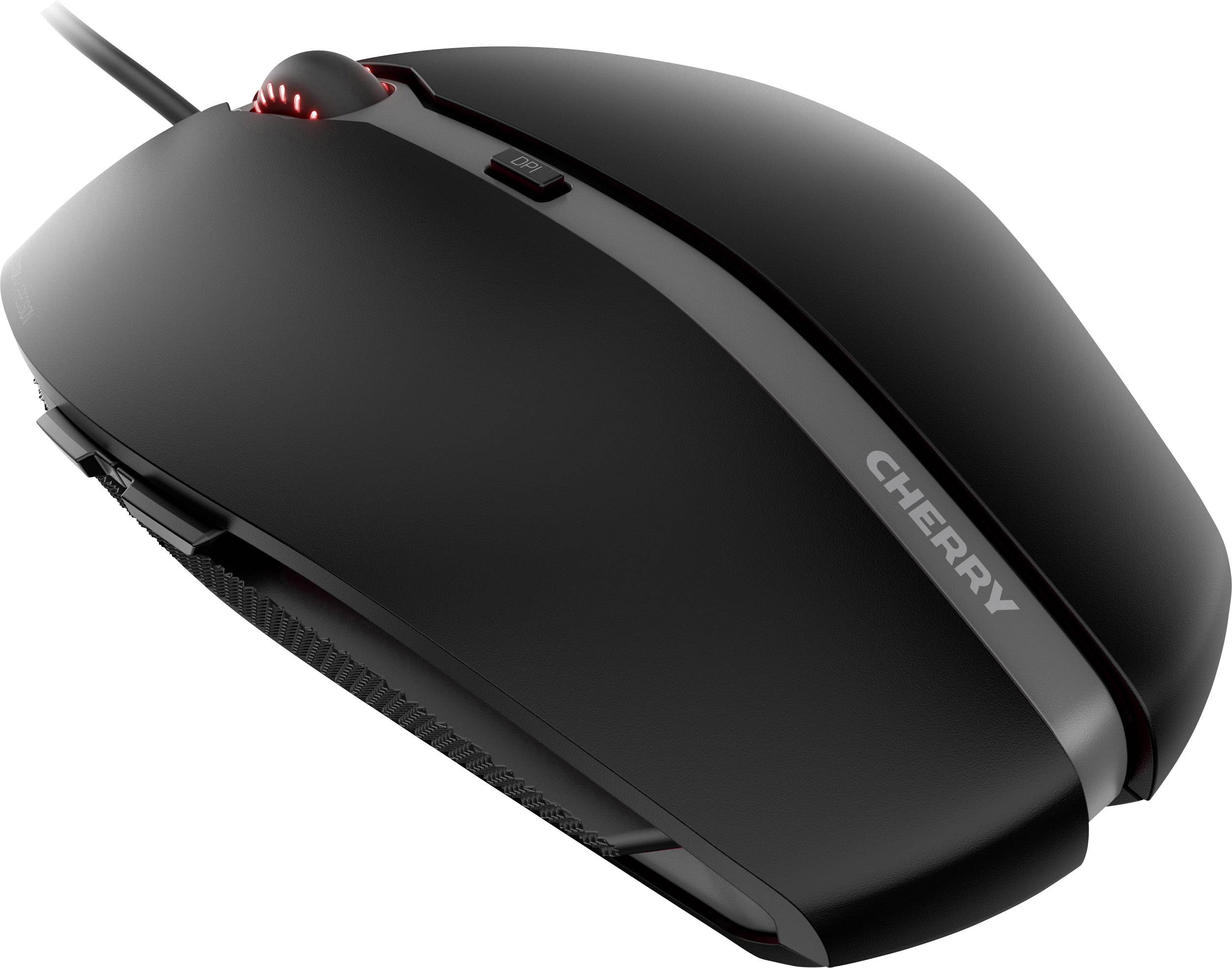 Eine schwarze Computermaus mit roter Beleuchtung und dem Schriftzug 'CHERRY' darauf.