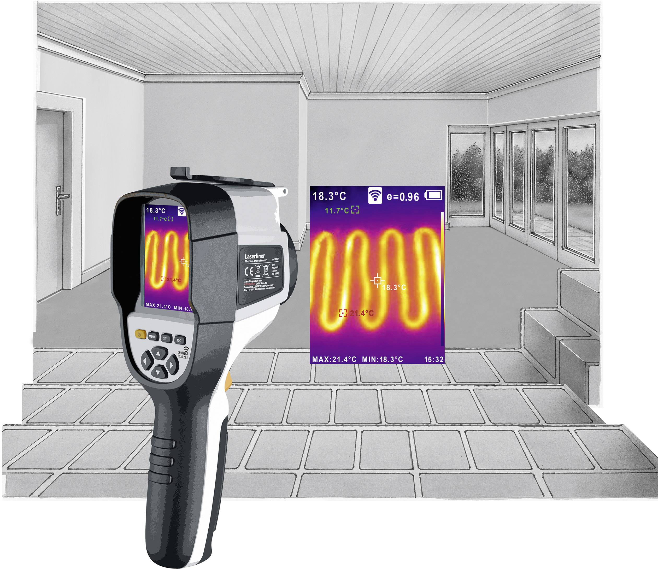 Ein Infrarot-Thermometer zeigt die Temperaturverteilung des Bodens in einem Zimmer. Warme Bereiche sind in Gelb und Rot markiert.