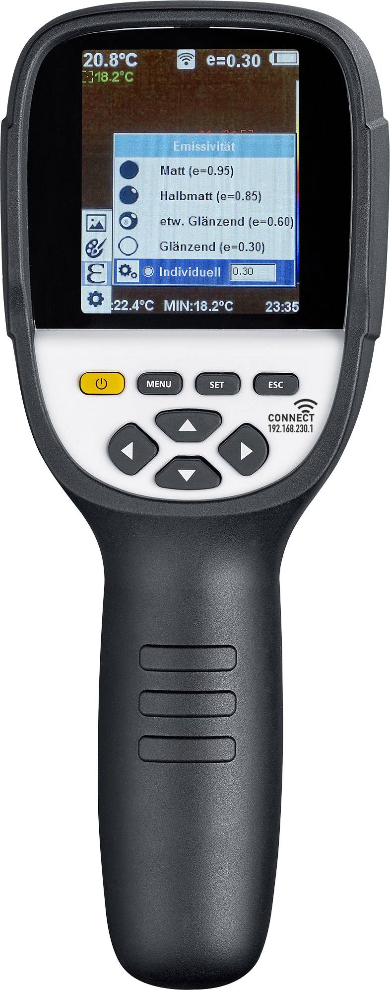 Ein tragbares Infrarot-Thermometer zeigt auf dem Display verschiedene Emissionsgrade, darunter 'Matt', 'Halbmatt' und 'Glänzend'.