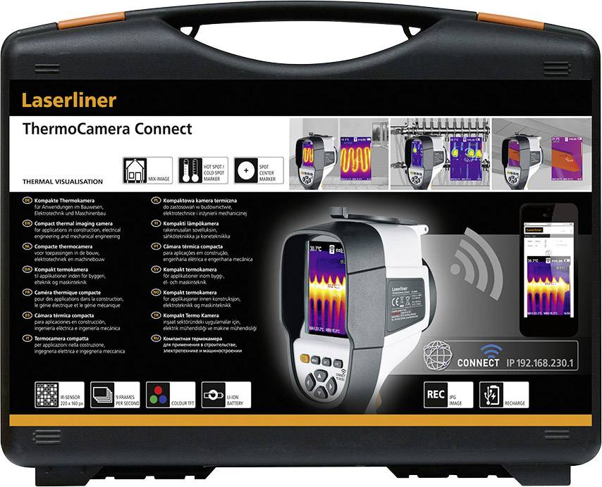 Schwarzer Koffer mit Laserliner ThermoCamera Connect. Aufdruck zeigt Wärmebilder und technische Details der Kamera auf der Vorderseite.