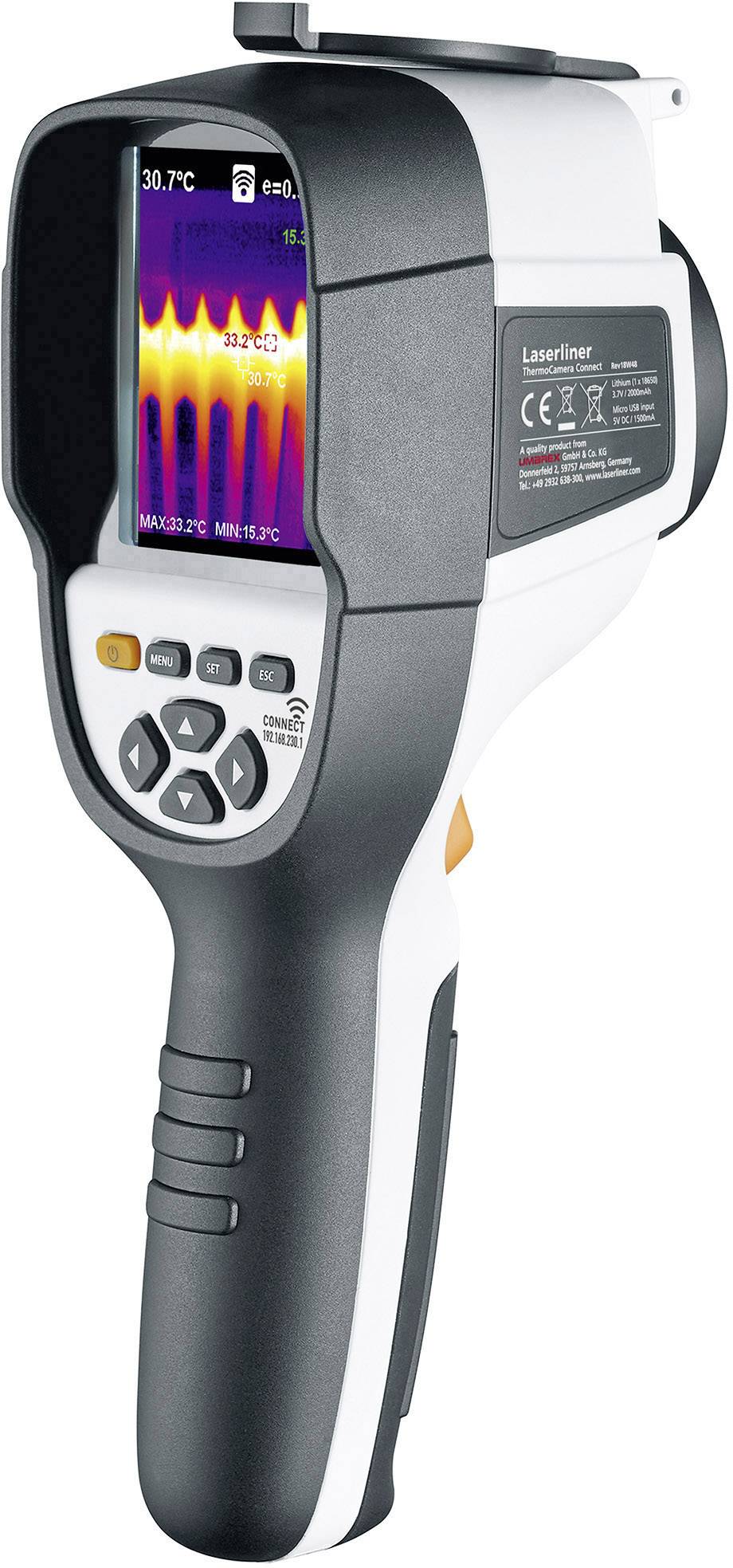 Handheld-Infrarot-Thermometer zeigt Wärmebild auf dem Display, Temperaturanzeige oben, Bedientasten darunter, Produktettikett seitlich.