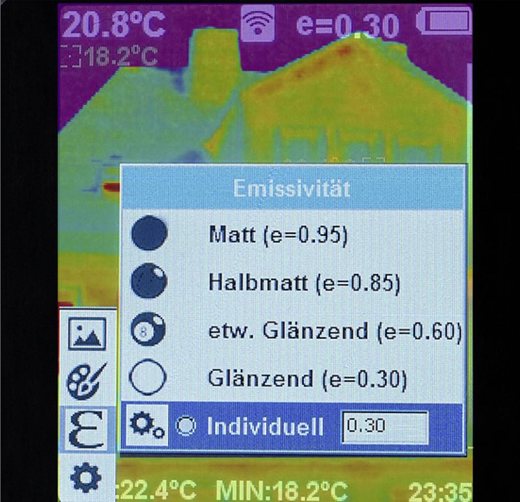 Thermobild eines Hauses mit Menü für Emissionswerteinstellung: 'Matt', 'Halbmatt', 'etw. Glänzend', 'Glänzend', 'Individuell'.