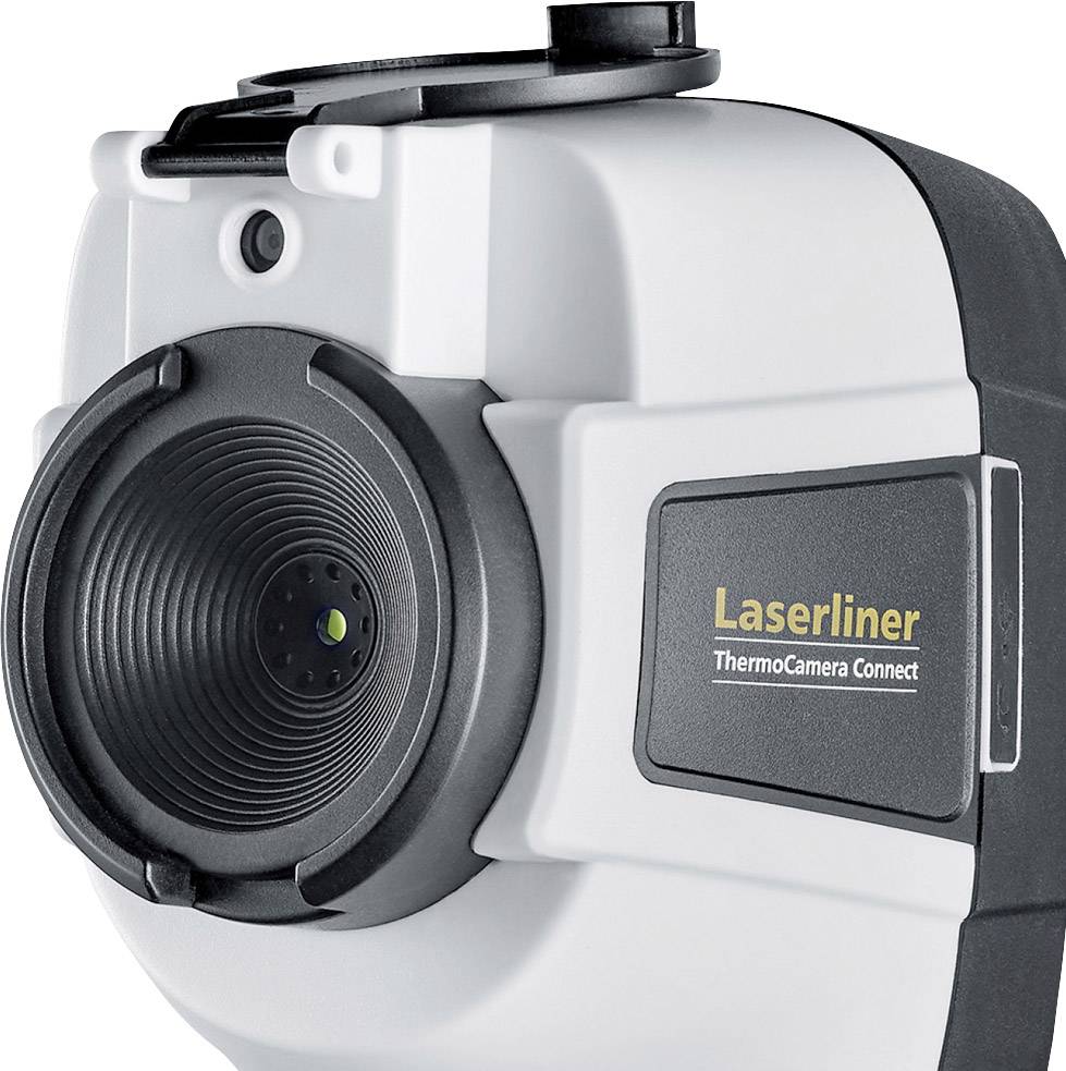 Nahaufnahme einer Thermokamera mit der Aufschrift 'Laserliner ThermoCamera Connect'. Die Kamera ist in Weiß und Schwarz gehalten.