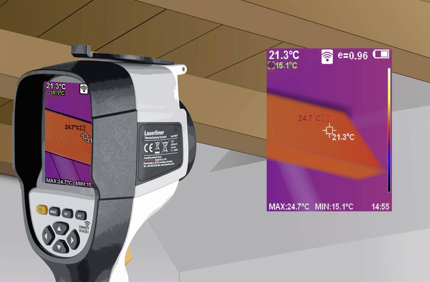 Ein Wärmebildkamera zeigt Temperaturunterschiede an einer Wand, mit Werten von 21,3 °C bis 24,7 °C auf dem Display.