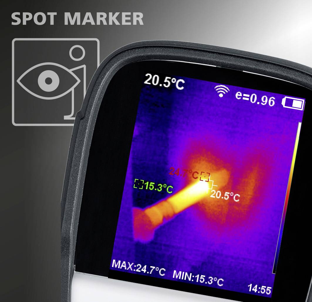 Wärmebildkamera zeigt Temperaturunterschiede mit Farbskala. Display zeigt 20,5°C an. Symbole für Spotmarkierung und Akkustand sichtbar.