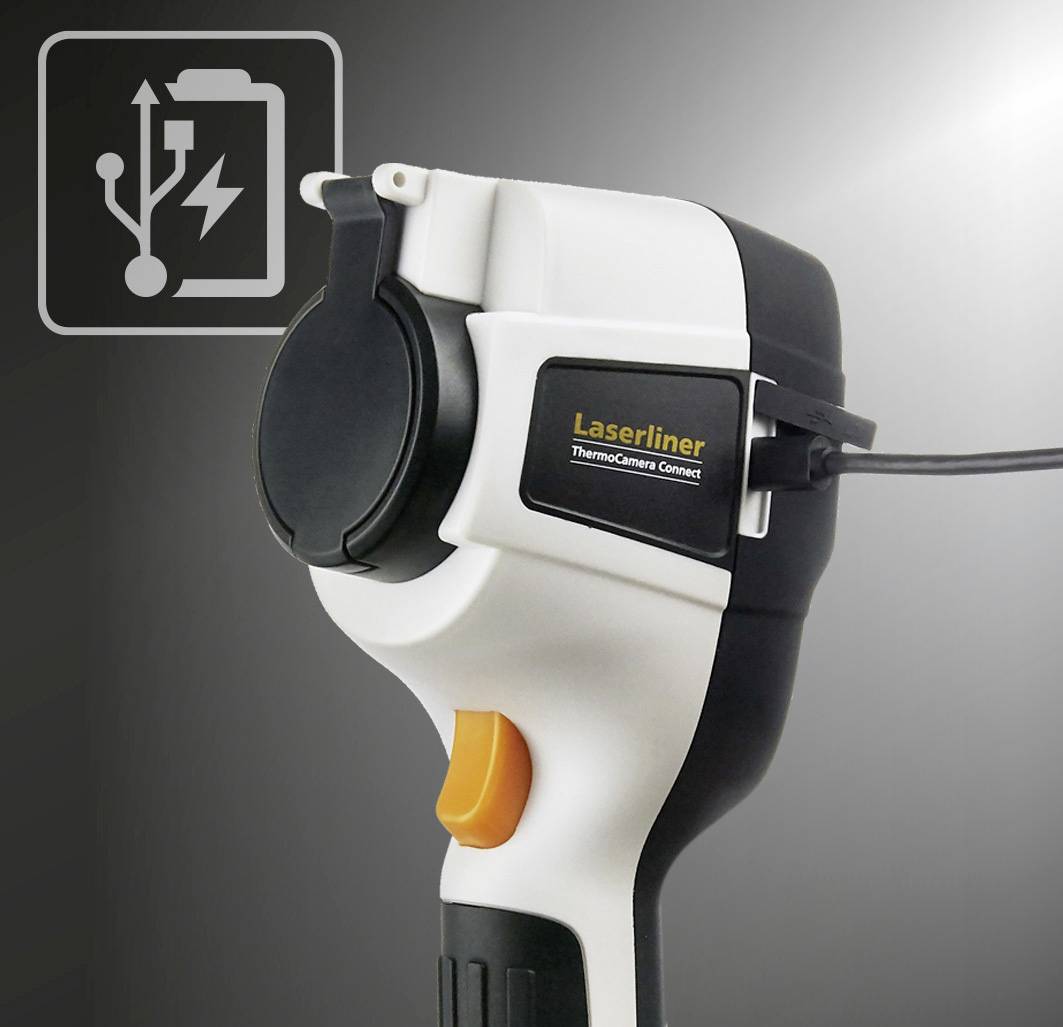 'Laserliner ThermoCamera Connect' zeigt ein tragbares Wärmebildgerät mit USB-Anschluss, symbolisiert durch ein Ladesymbol oben links.