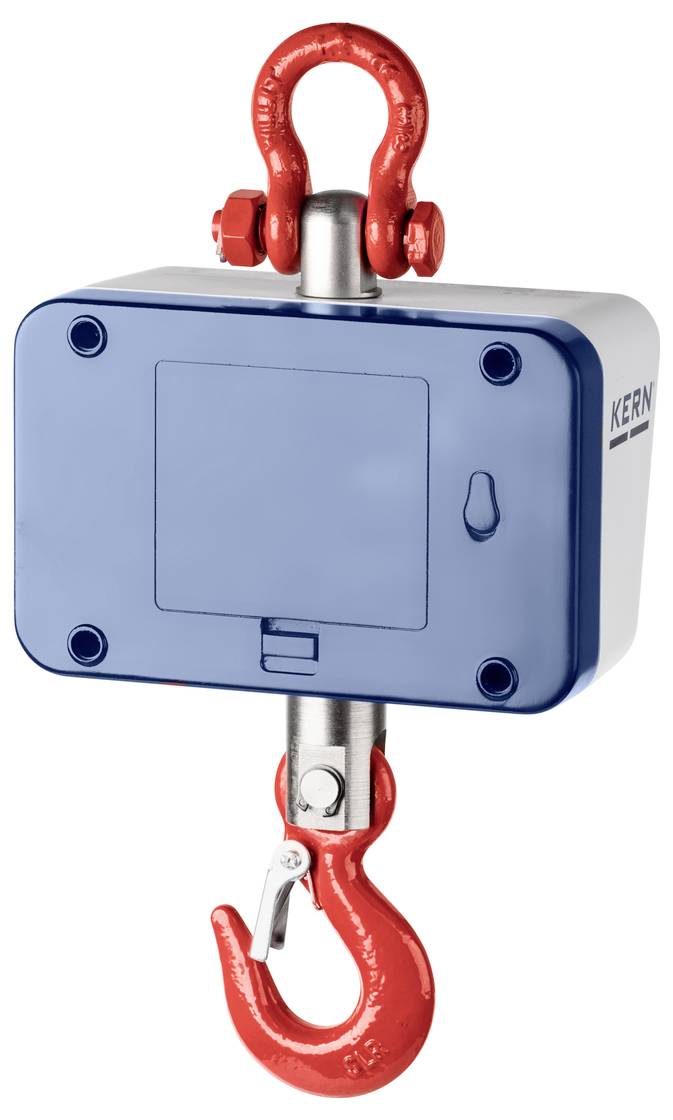 Digitale Kranwaage in blauer Gehäuse mit rotem Haken, verwendet zur Messung von hängenden Lasten.