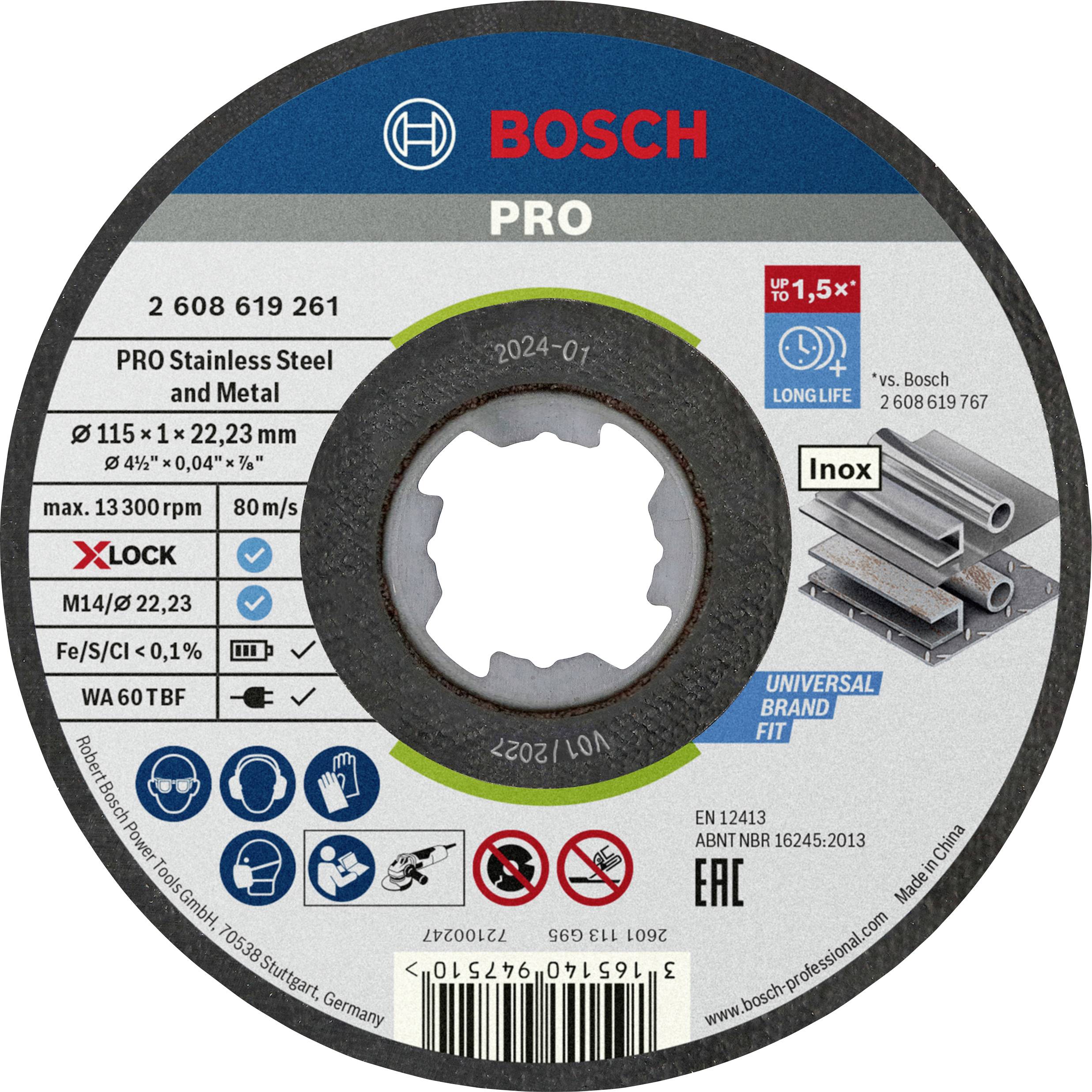 'Bosch PRO' Trennscheibe für Edelstahl und Metall, 115 mm Durchmesser, 22,23 mm Bohrung, zeigt Eignung für Inox und X-LOCK System.
