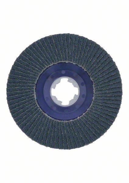 Rundes Schleifblatt mit radialen Lamellen auf blauem Kunststoffträger, verwendet für Oberflächenbearbeitung und Metallentgratung.