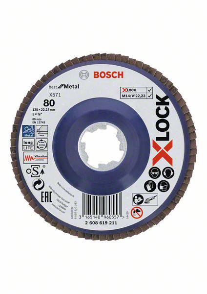 Schleifscheibe für Metallschliff von Bosch, Modell X571, Durchmesser 125 mm, Körnung 80, mit X-LOCK Schnellwechselsystem.