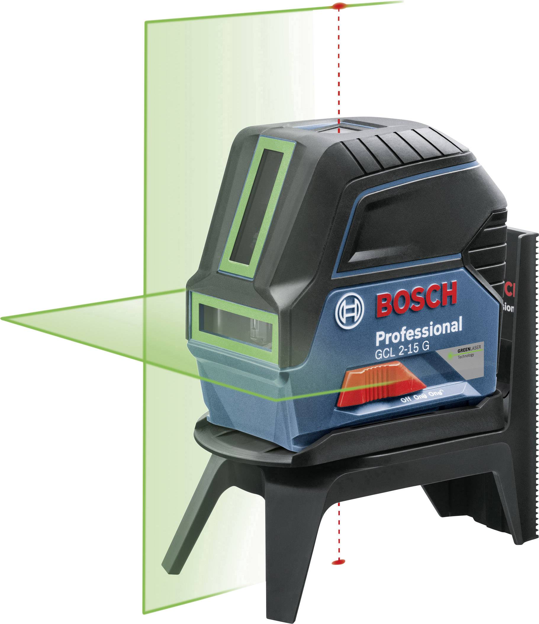 Kreuzlinienlaser in Schwarz-Blau auf Stativ. Bosch-Logo sichtbar. Projiziert ein grünes Lichtkreuz, das vertikale und horizontale Linien zeigt.