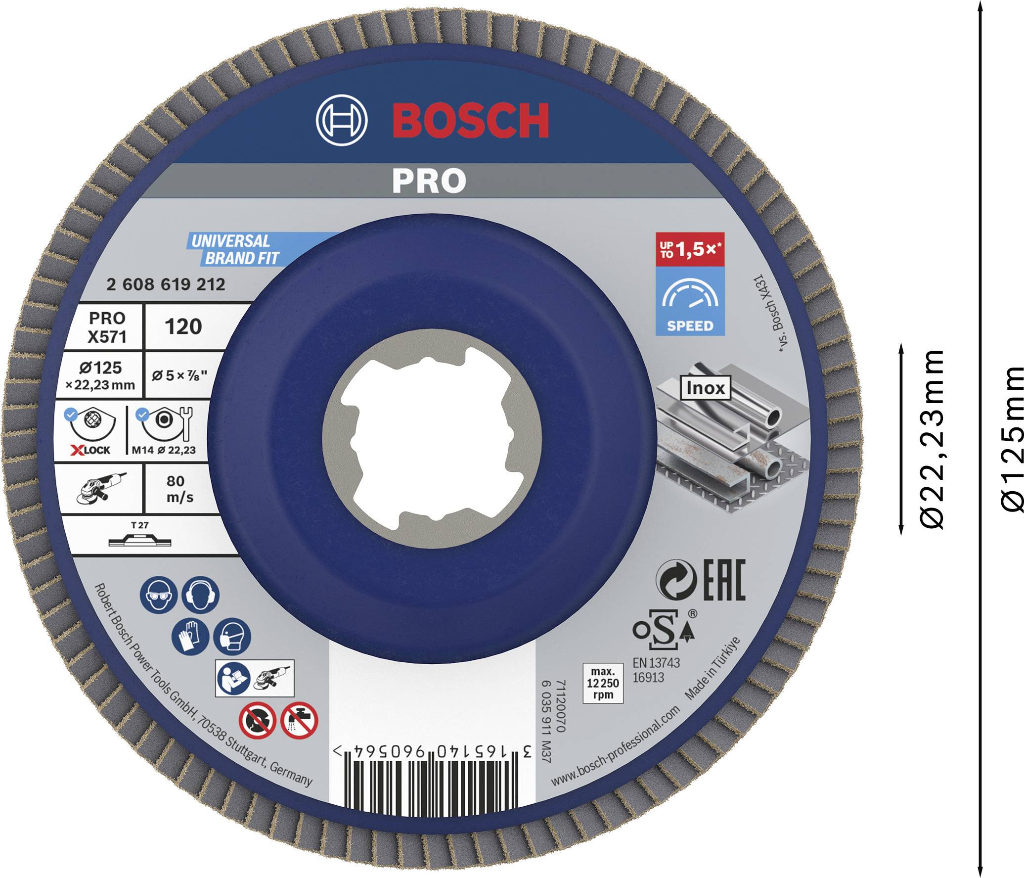 Schleifscheibe von Bosch, Typ Pro, 125 mm Durchmesser, für Metallbearbeitung. Geschwindigkeit bis 12.200 U/min.