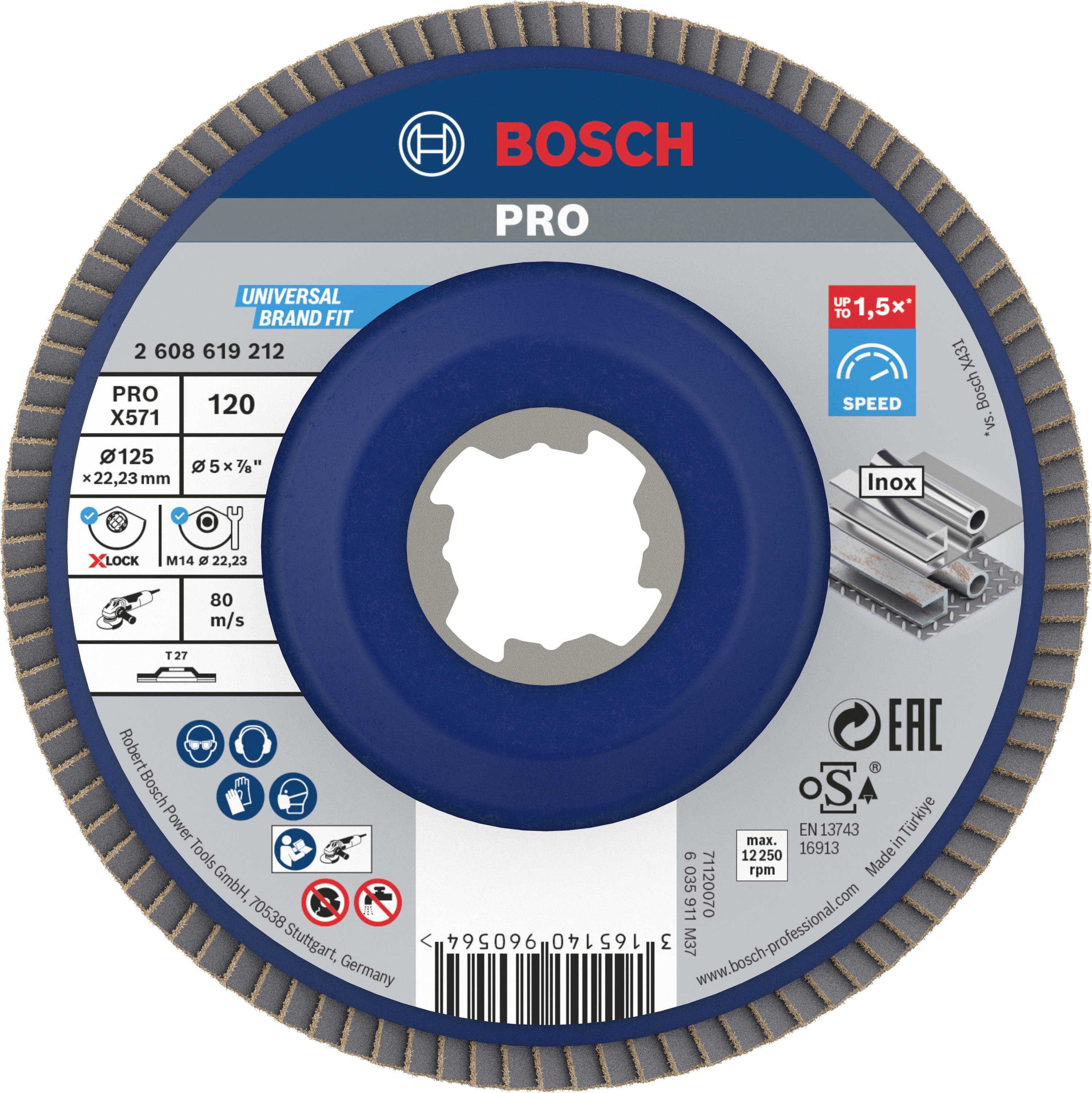 'Bosch Pro Schleifscheibe', geeignet für Inox, Ø125 mm, Körnung 120, mit X-LOCK-System, blaue Etikettierung, 80 m/s, max. 12200 RPM.