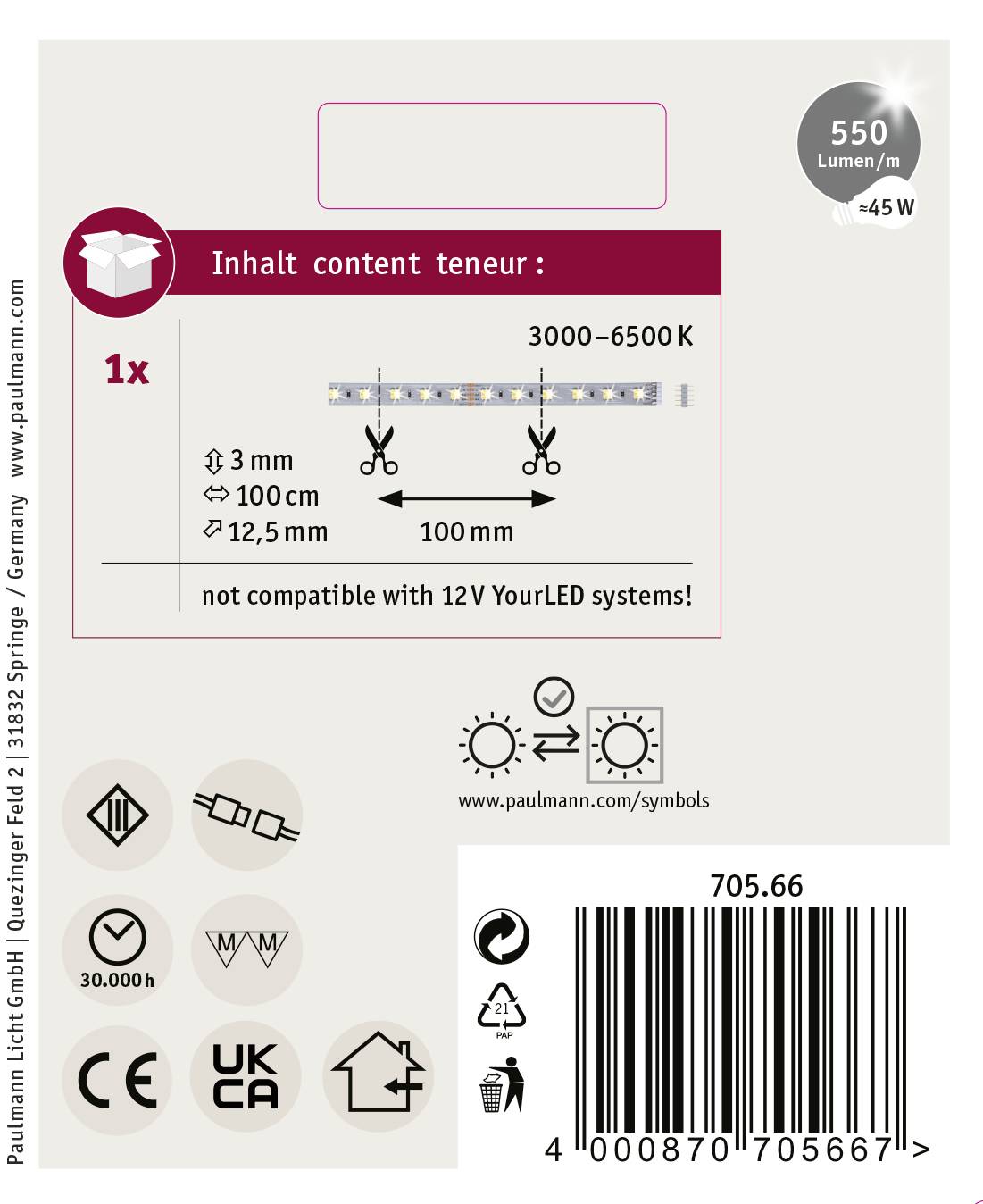 Paulmann MaxLED 70566 LED-Streifen-Erweiterung mit Stecker 24V 1m Warmweiß, Neutralweiß, Tageslichtweiß 1St.