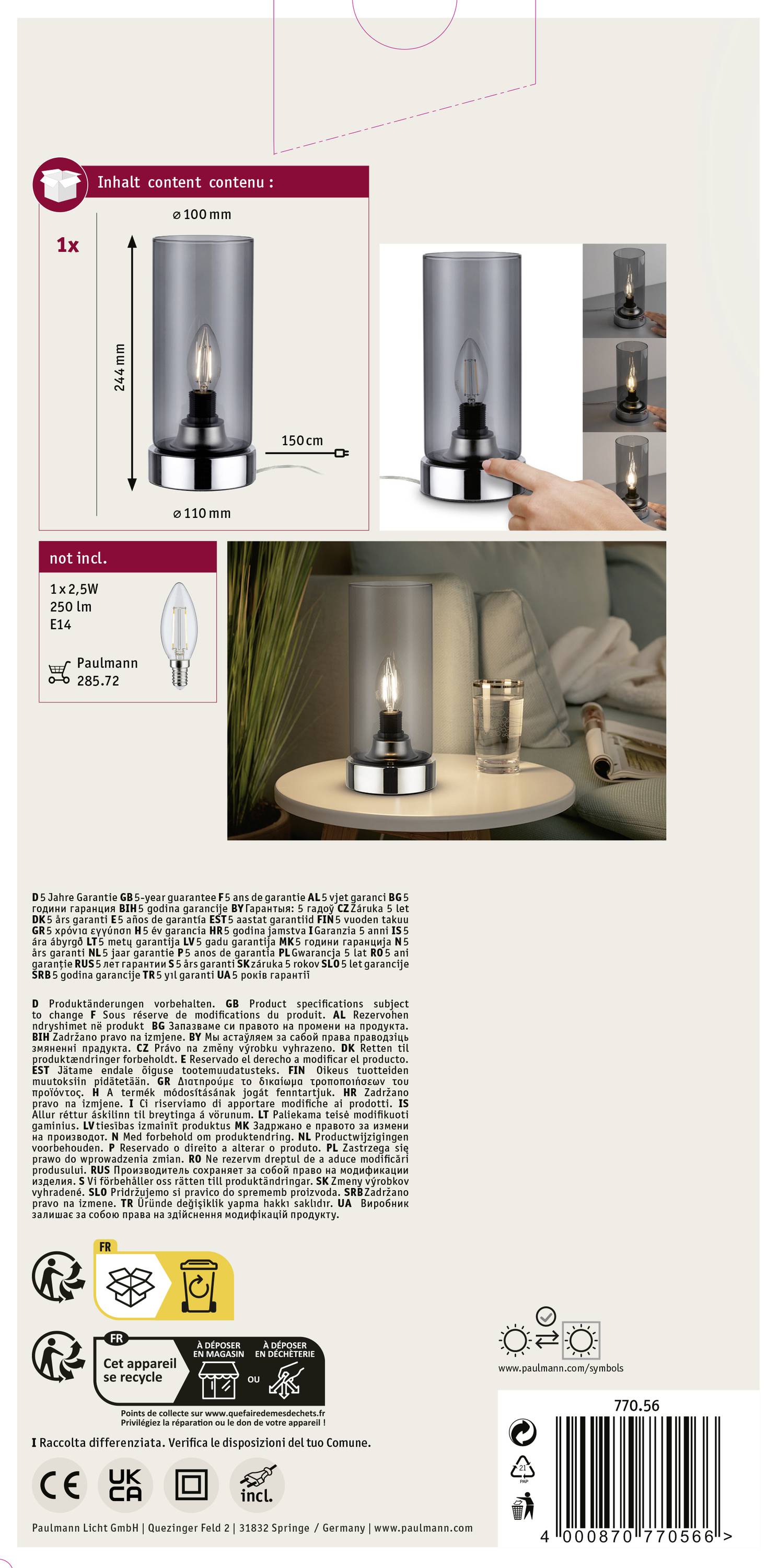 Paulmann Pinja 77056 Tischlampe LED E14 20W Chrom