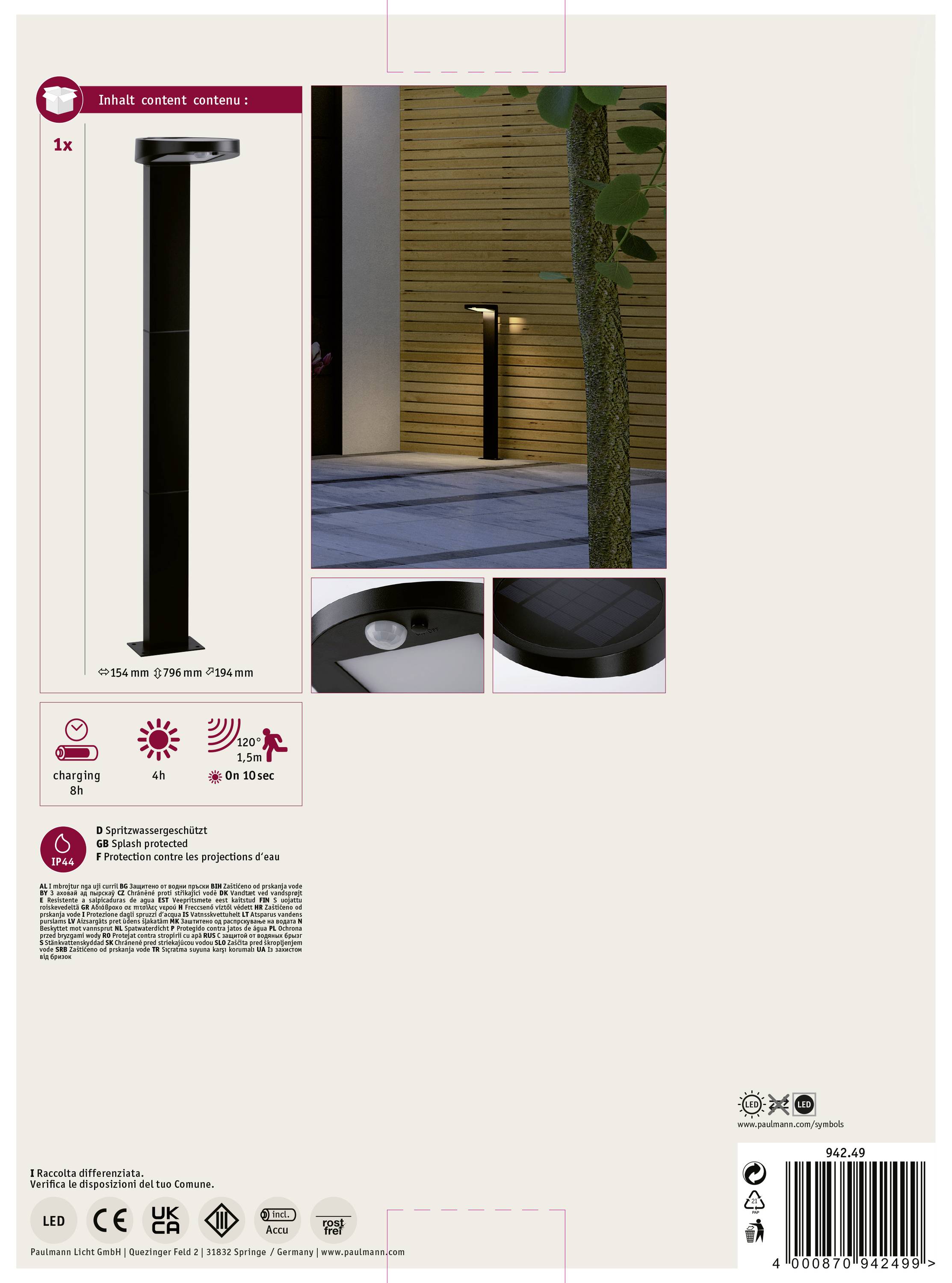 Paulmann 94249 Ryse Solar-Außenstandleuchte mit Bewegungsmelder 1.2W Warmweiß Anthrazit