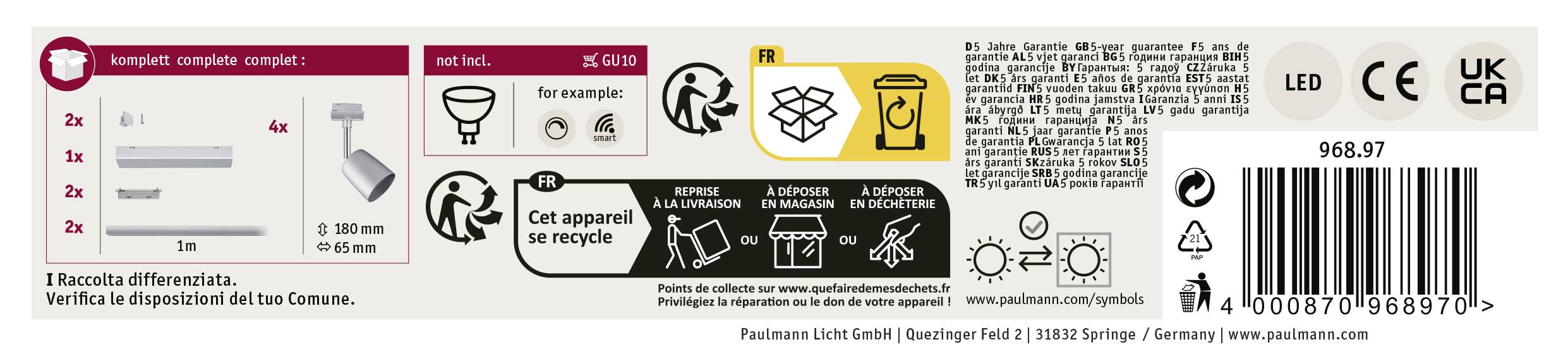 Paulmann Cover Schienen-Komplett-System URail GU10 40W LED Chrom, Chrom (matt)