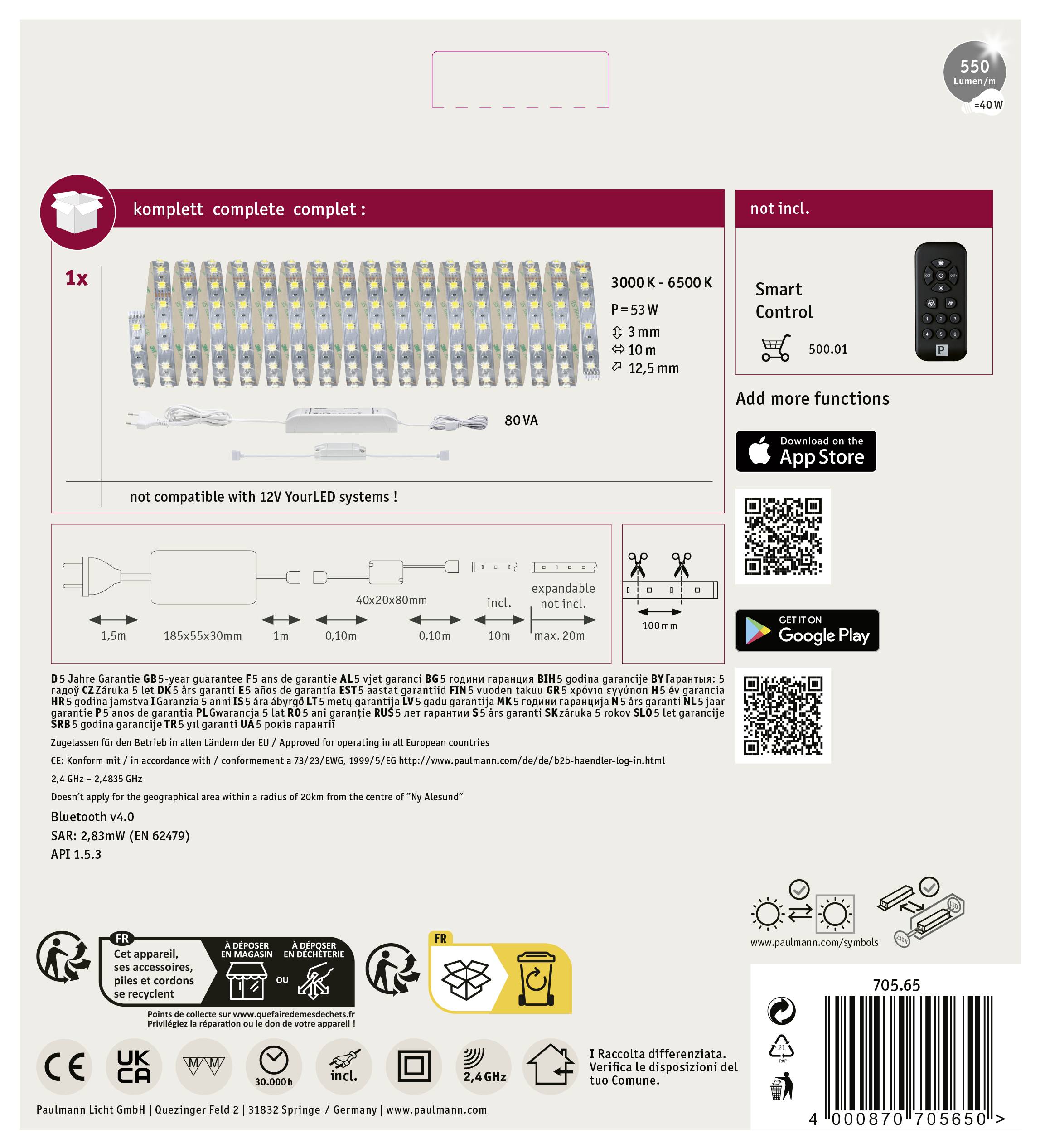 Paulmann MaxLED 70565 LED-Streifen mit Stecker 24V 10m Warmweiß, Neutralweiß, Tageslichtweiß 1St.