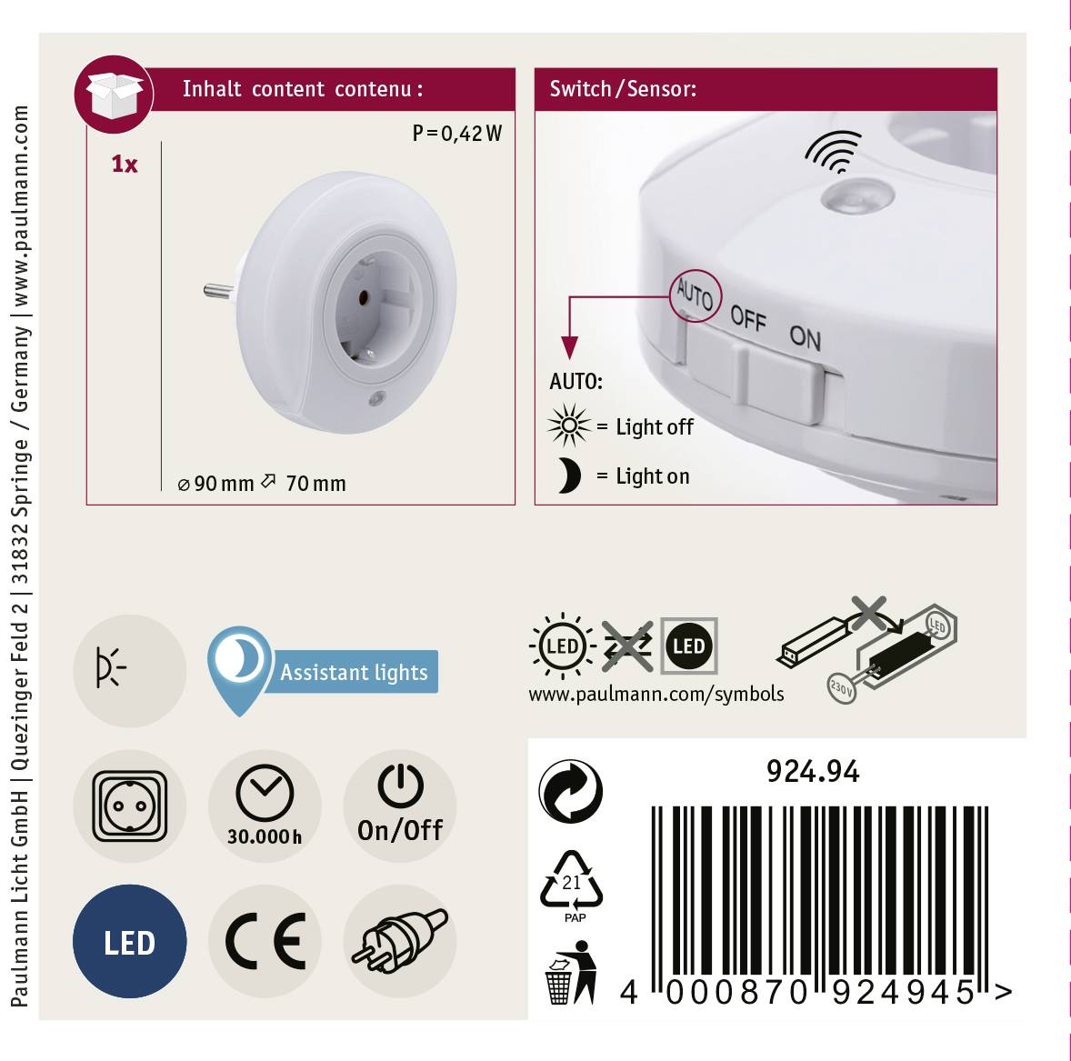 Paulmann Bilby 92494 LED-Nachtlicht Rund LED Warmweiß Weiß