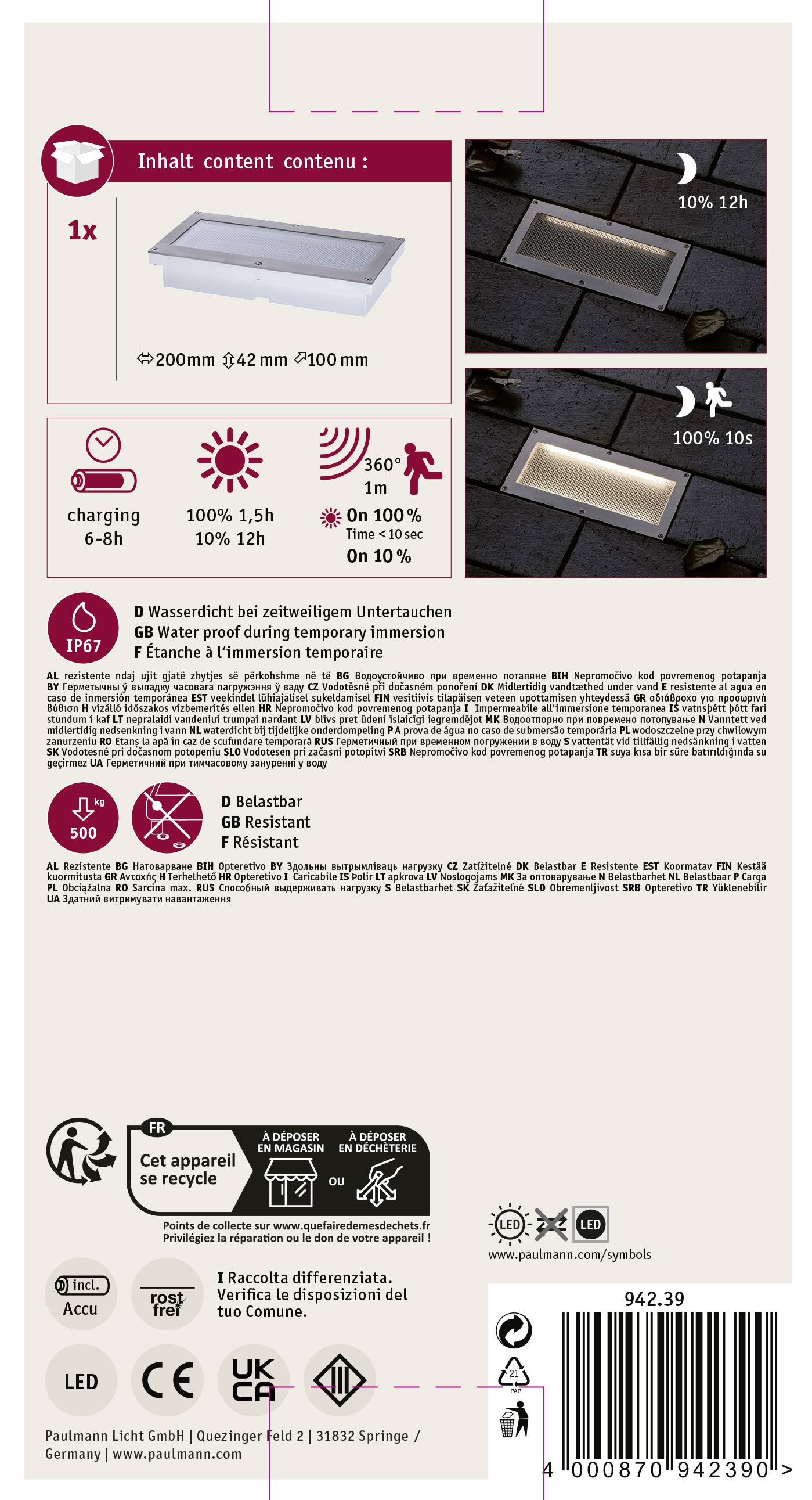 Paulmann 94239 Aron Solar-Einbauleuchte 1.5W Warmweiß Weiß