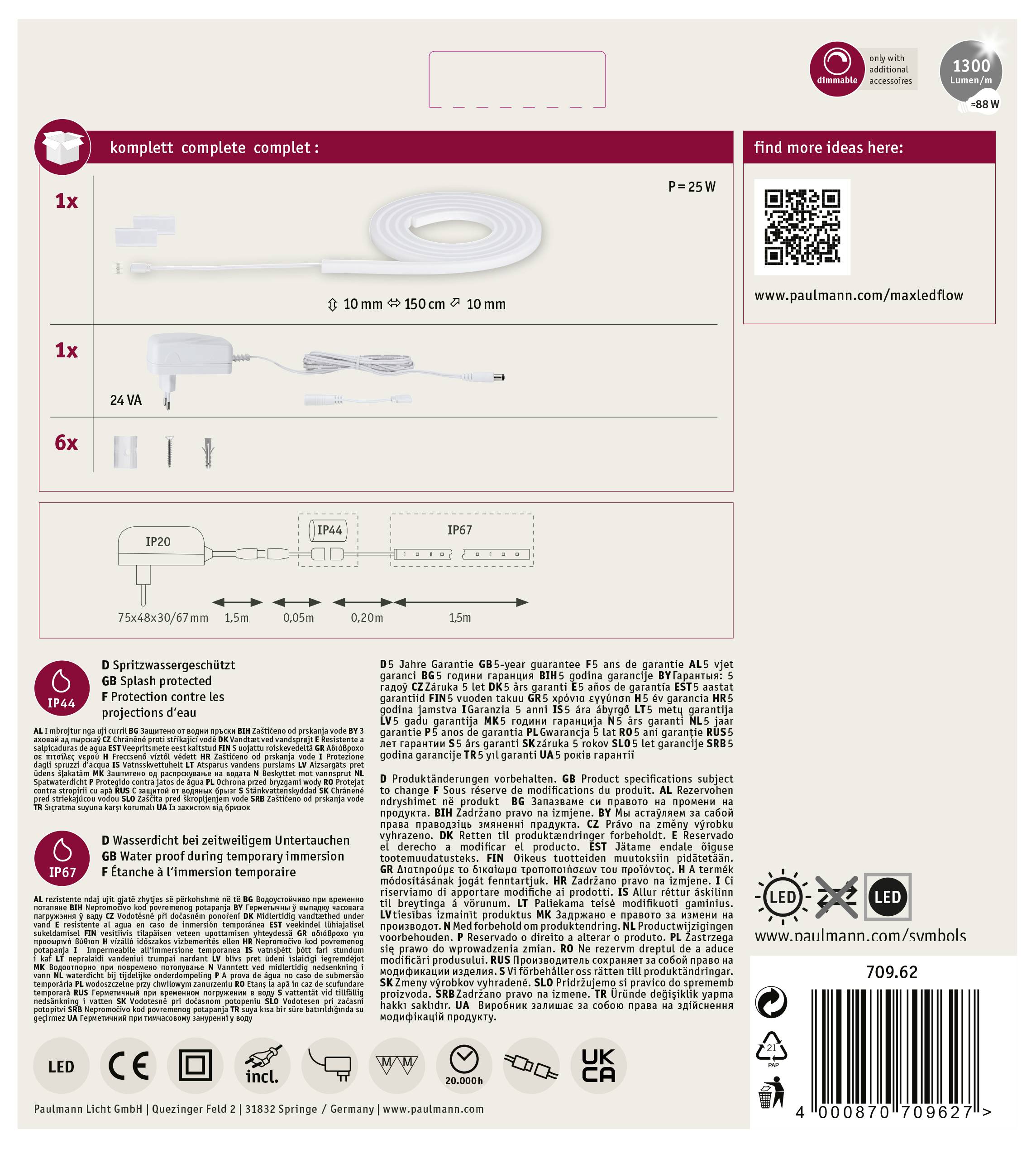 Paulmann MaxLED Flow 70962 LED-Streifen-Basisset mit Stecker 24V 1.5m Warmweiß 1St.