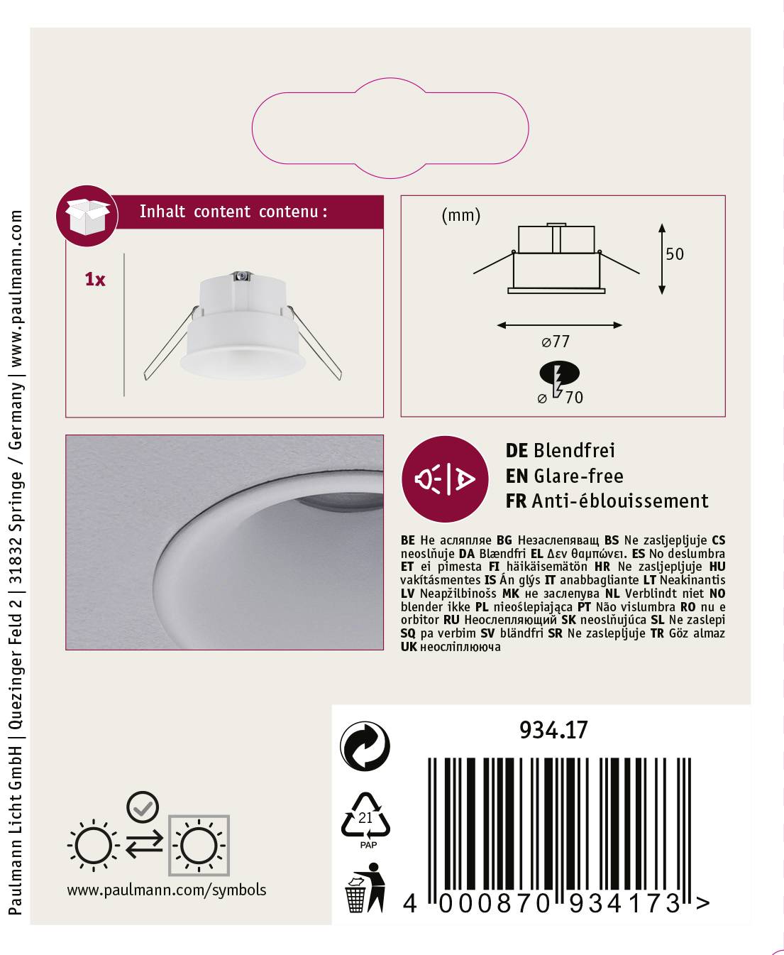 Paulmann Cymbal Einbauleuchte LED 10W IP20 Weiß (matt)