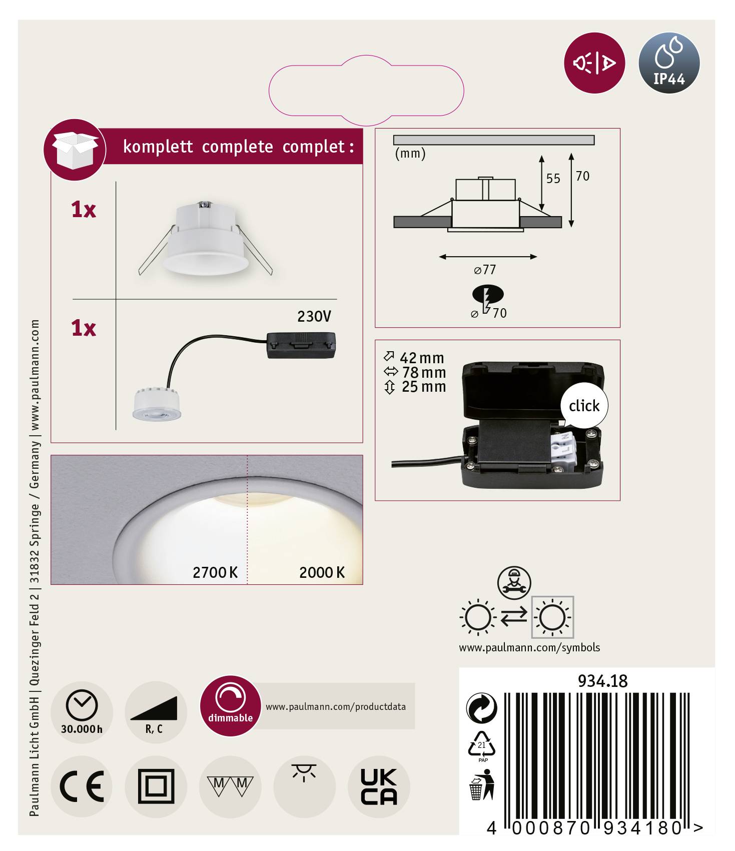 Paulmann Cymbal LED-Bad-Einbauleuchte 6W IP44 Weiß (matt)