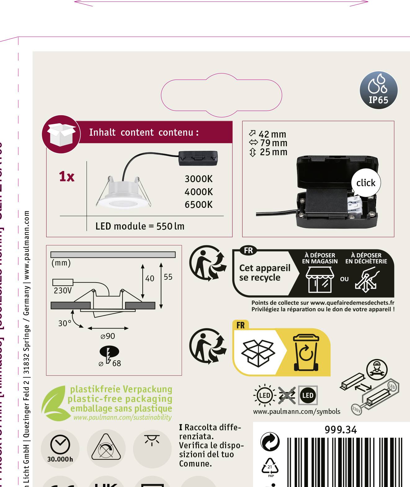 Paulmann Calla LED-Bad-Einbauleuchte 5.5W IP65 Weiß (matt)