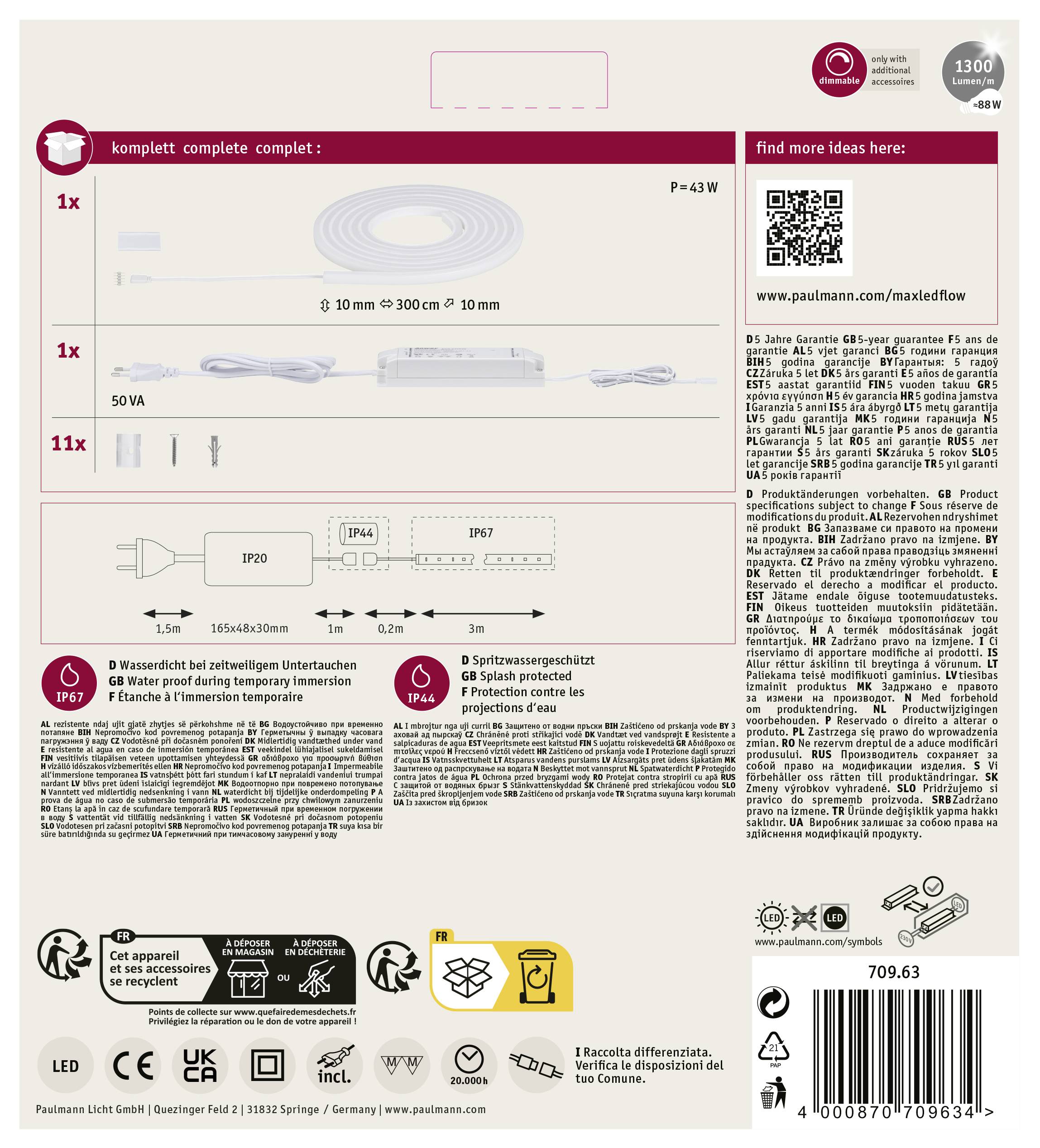 Paulmann MaxLED Flow 70963 LED-Streifen-Basisset mit Stecker 24V 3m Warmweiß 1St.