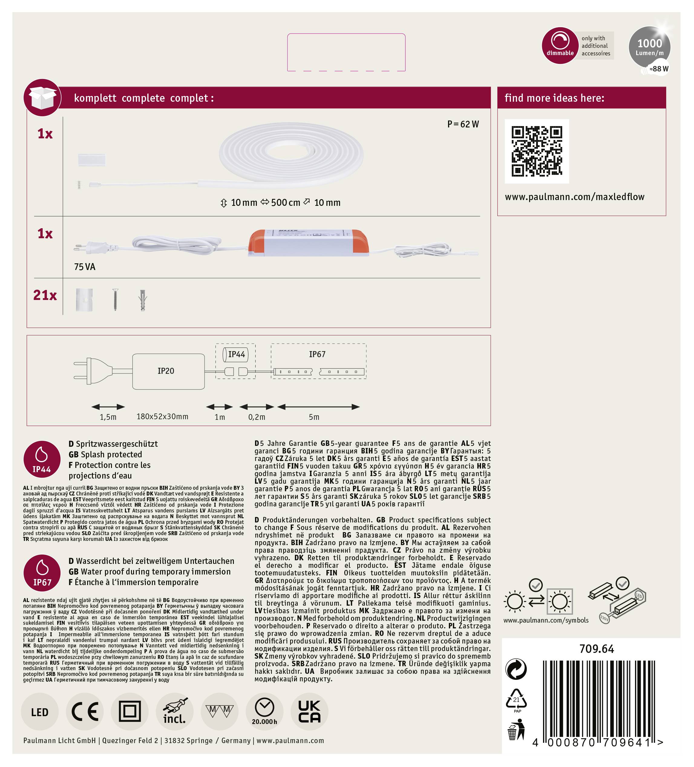 Paulmann MaxLED Flow 70964 LED-Streifen-Basisset mit Stecker 24V 5m Warmweiß 1St.