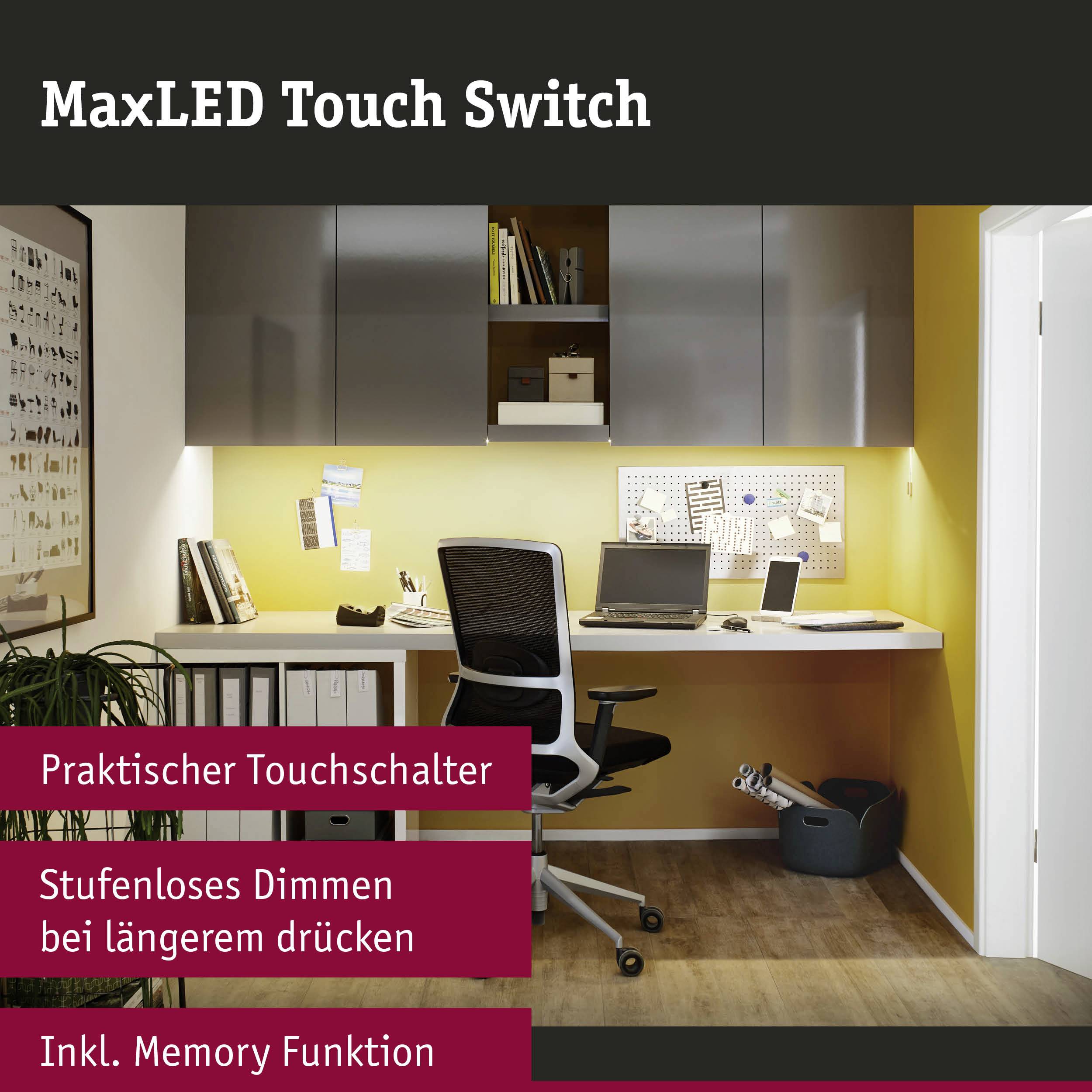 Arbeitszimmer mit Schreibtisch, Regalen und einem ergonomischen Stuhl. LED-Beleuchtung mit MaxLED-Touch-Schalter. Praktisch für stufenloses Drücken.