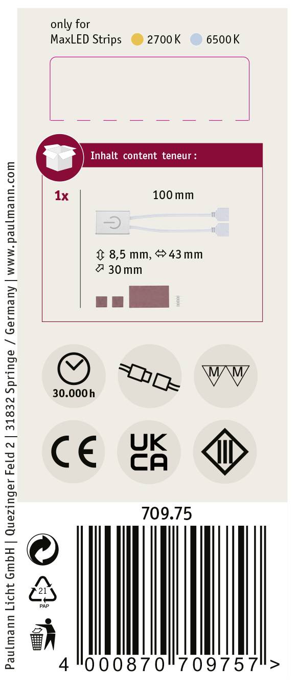 Inhalt: 1x Verbindungselement für MaxLED Strips, 100 mm Länge, kompatibel mit 2700K und 6500K. Symbole: Lebensdauer 30.000h, CE-Kennzeichnung.