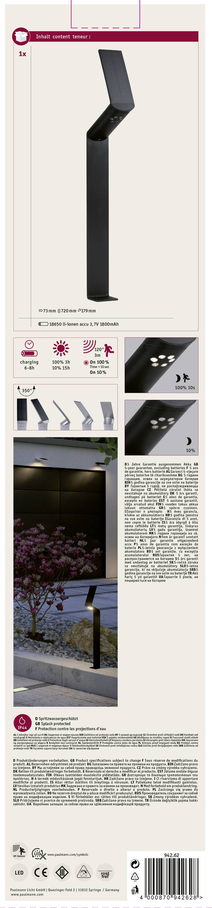 Paulmann 94262 Ilias Solar-Außenstandleuchte mit Bewegungsmelder 1.20W Warmweiß Anthrazit