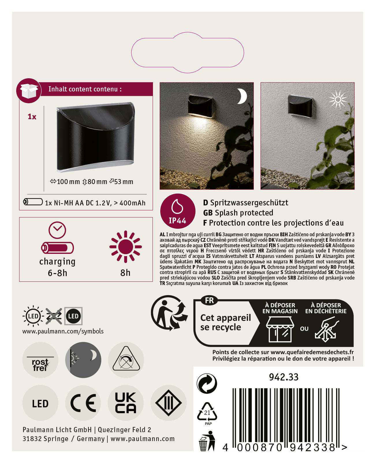 Paulmann 94233 Elliot Solar-Außenwandleuchte 0.05W Warmweiß Anthrazit
