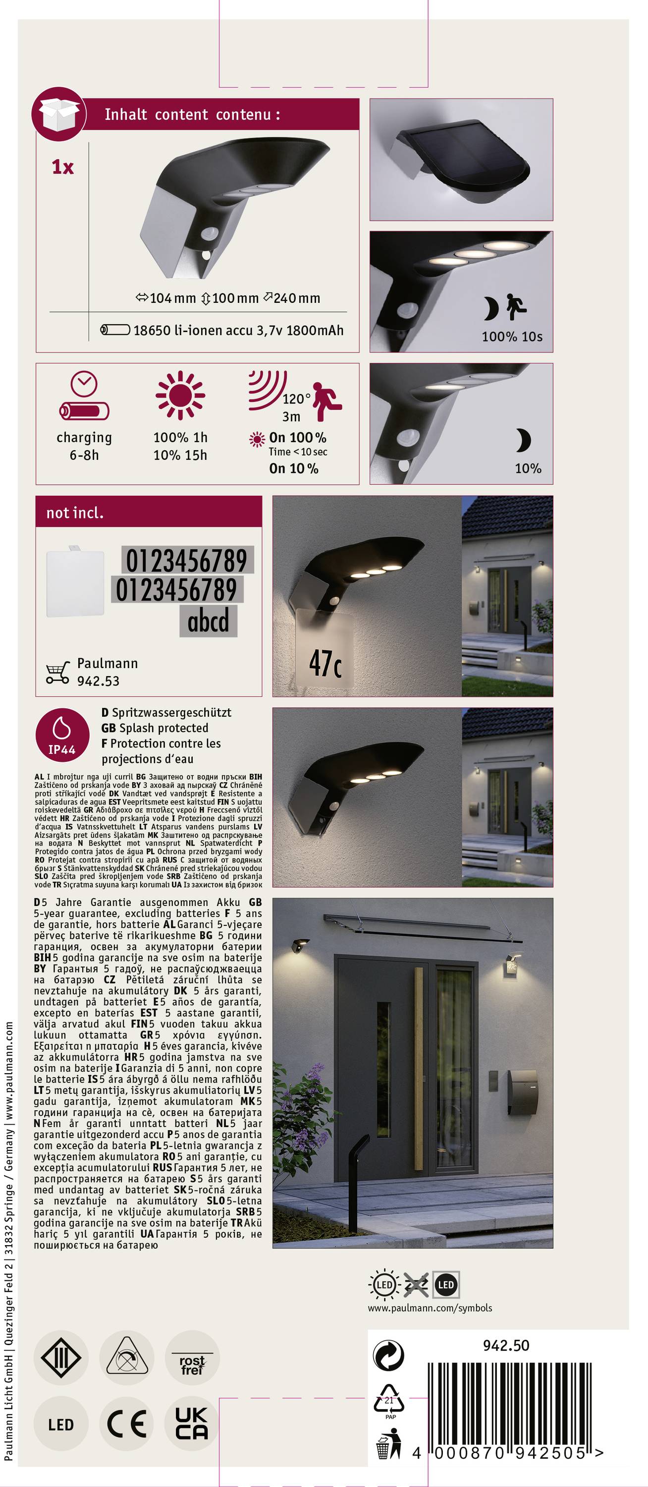 Paulmann 94250 Soley Solar-Außenwandleuchte mit Bewegungsmelder 1.22W Warmweiß Anthrazit