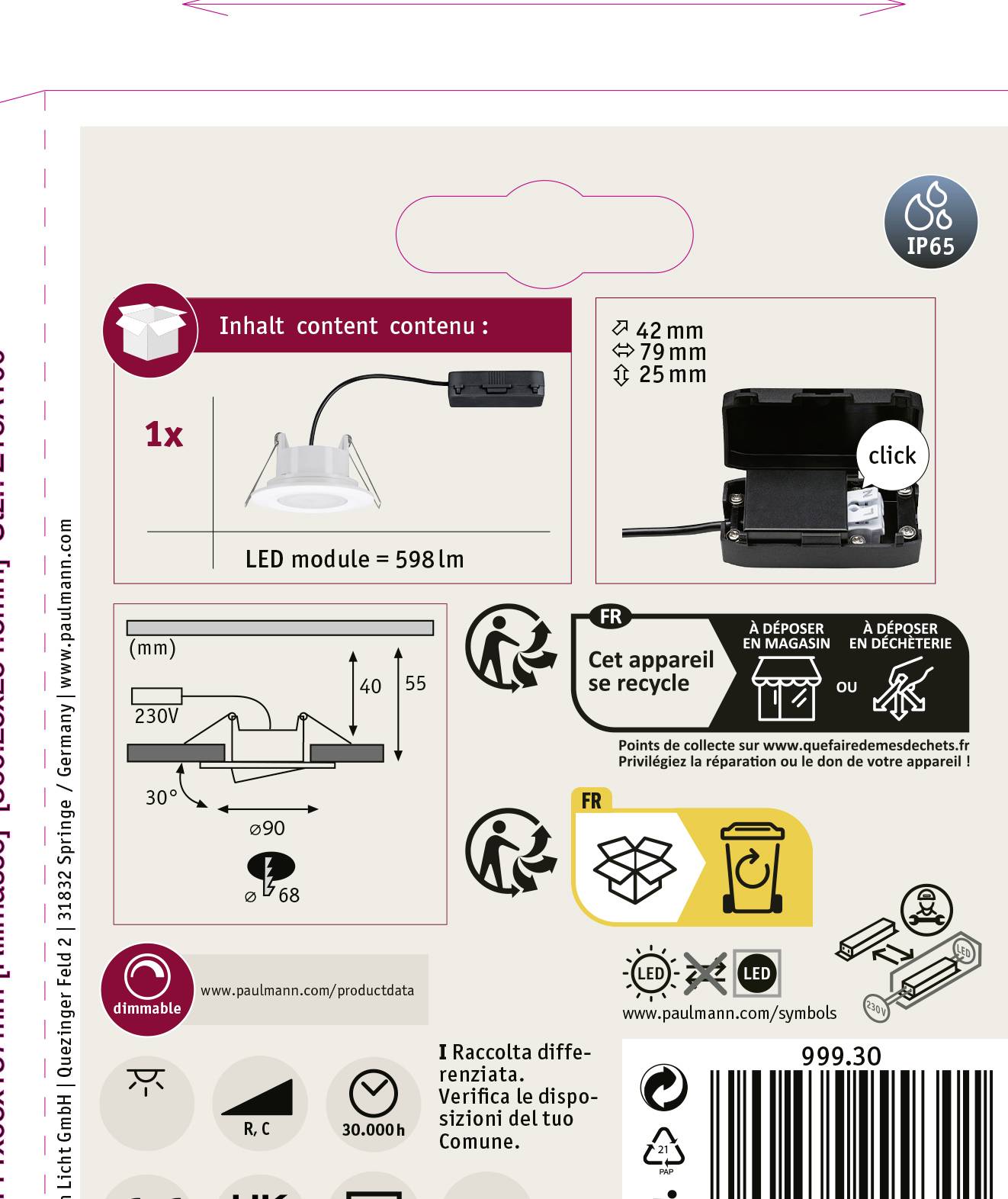 Paulmann Calla LED-Bad-Einbauleuchte 6.5W IP65 Weiß (matt)