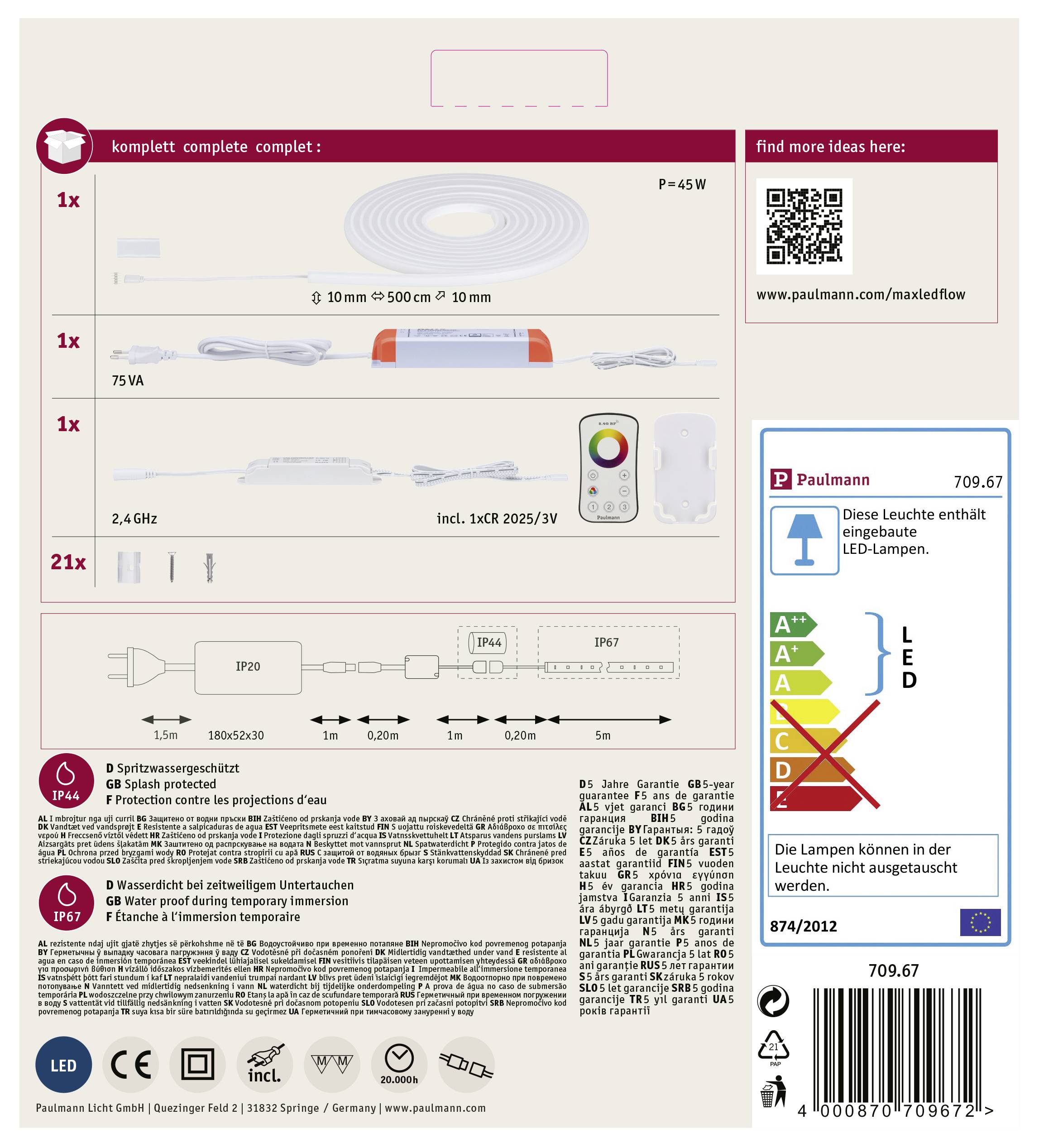 Paulmann MaxLED Flow 70967 LED-Streifen-Basisset mit Stecker 24V 5m RGB 1St.