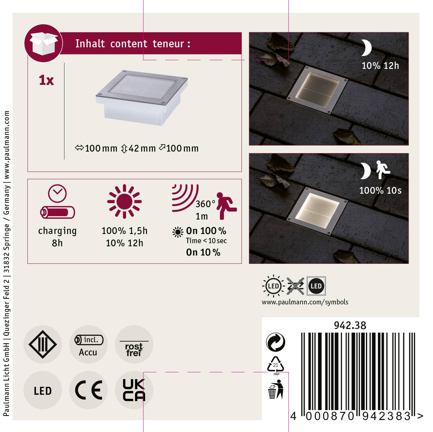 Paulmann 94238 Aron Solar-Einbauleuchte 0.7 W Warmweiß Weiß