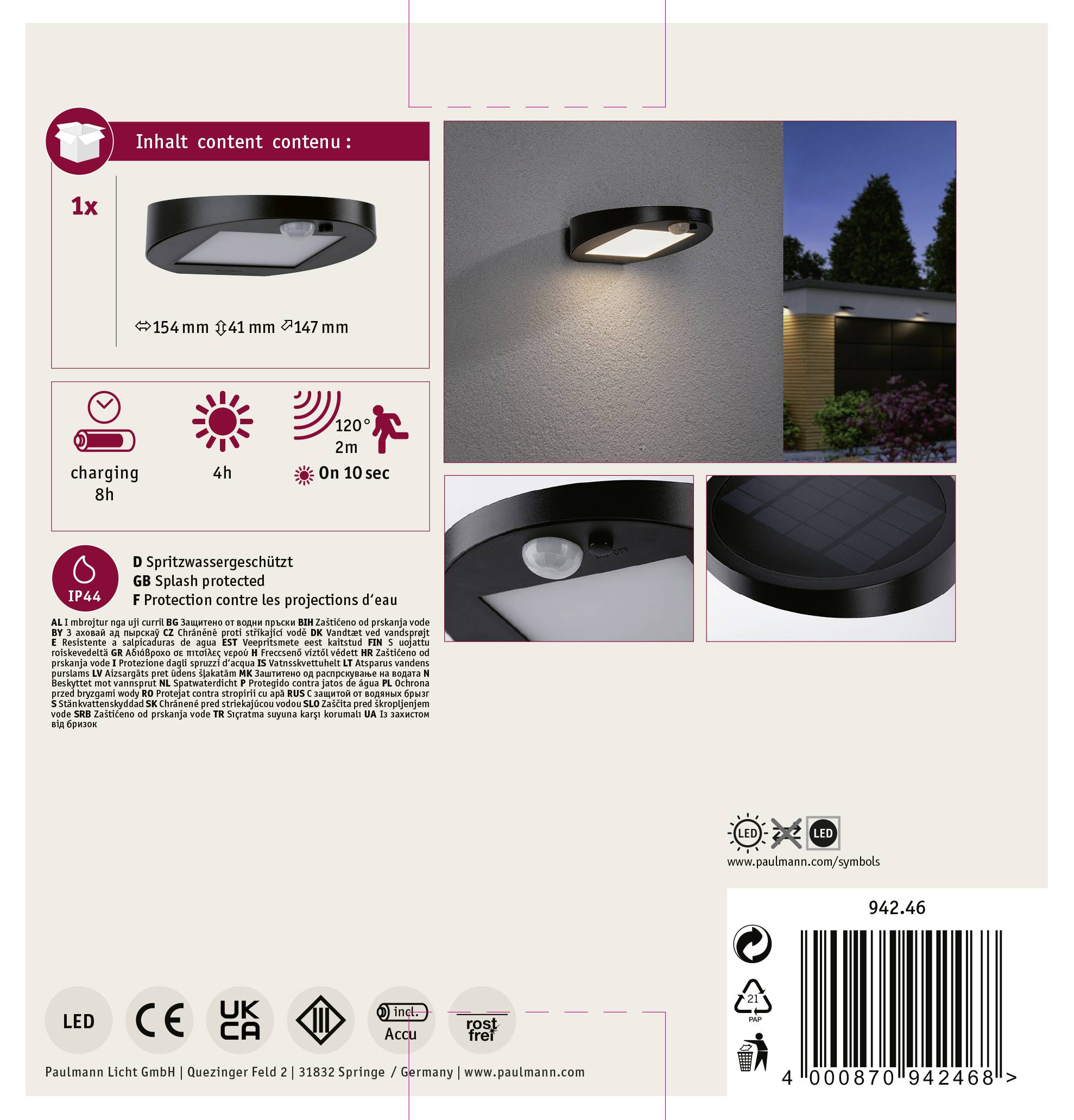 Paulmann 94246 Ryse Solar-Außenwandleuchte mit Bewegungsmelder 1.2W Warmweiß Anthrazit