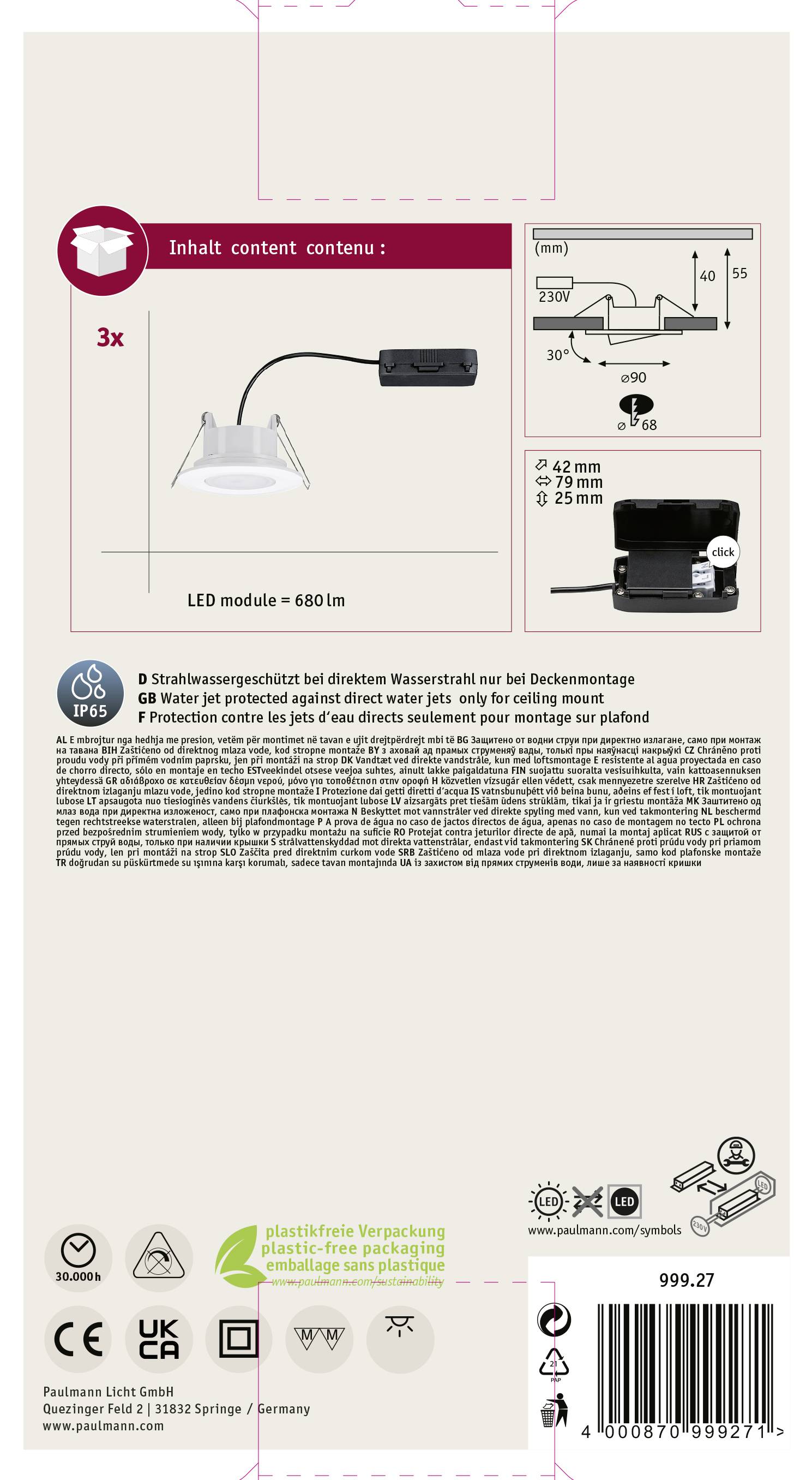 Paulmann Calla LED-Bad-Einbauleuchte 3er Set 18W IP65 Weiß (matt)