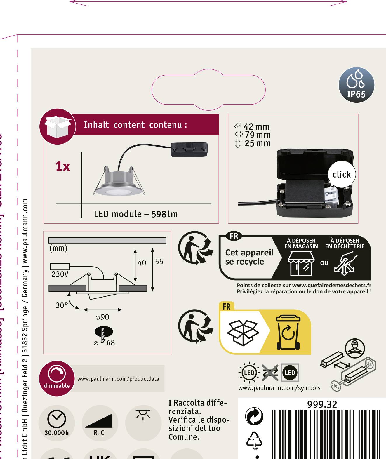 Paulmann Calla LED-Bad-Einbauleuchte 6.5W IP65 Chrom (matt)