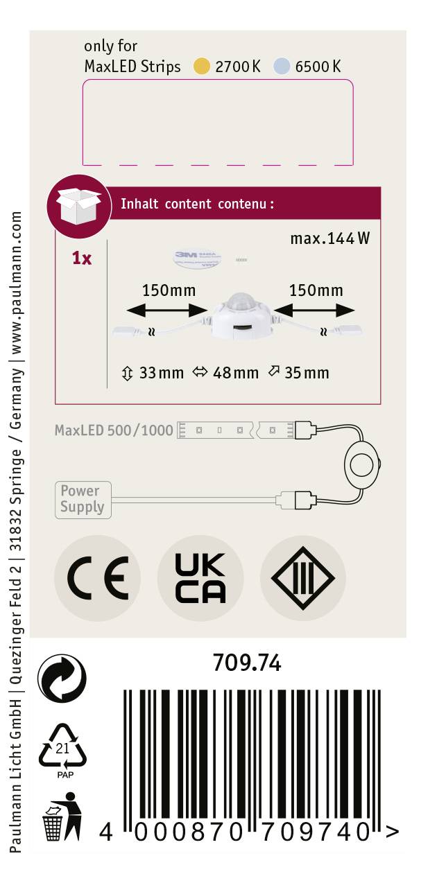 'Nur für MaxLED Streifen', technisches Diagramm mit Abmessungen und Symbolen für Sicherheit und Energieeffizienz.