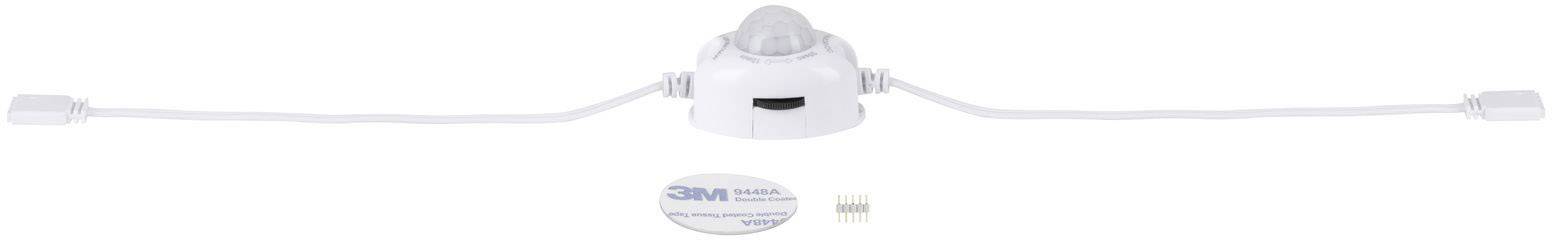 Weißer Sicherheitsverschluss für Türgriffe mit zwei seitlichen Riemen und einem zentralen Verriegelungsmechanismus.