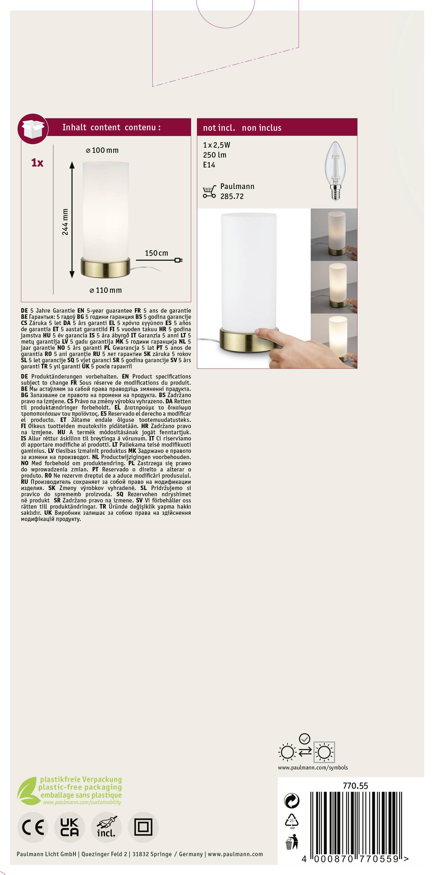 Paulmann Pinja 77055 Tischlampe LED E14 20W Messing